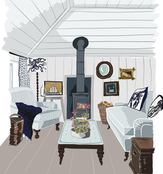 Illustrated coastal-style living room with white panelled walls, wood-burning stove, blue and white striped armchair, pale blue sofa, framed artwork, coffee table with potted flowers, and a floor lamp featuring a blue-and-white octopus lampshade.
