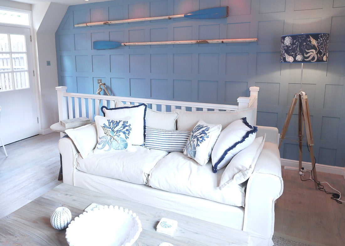 Front shot of cream couch with Cream Cornwall Rockpool cushions styled 