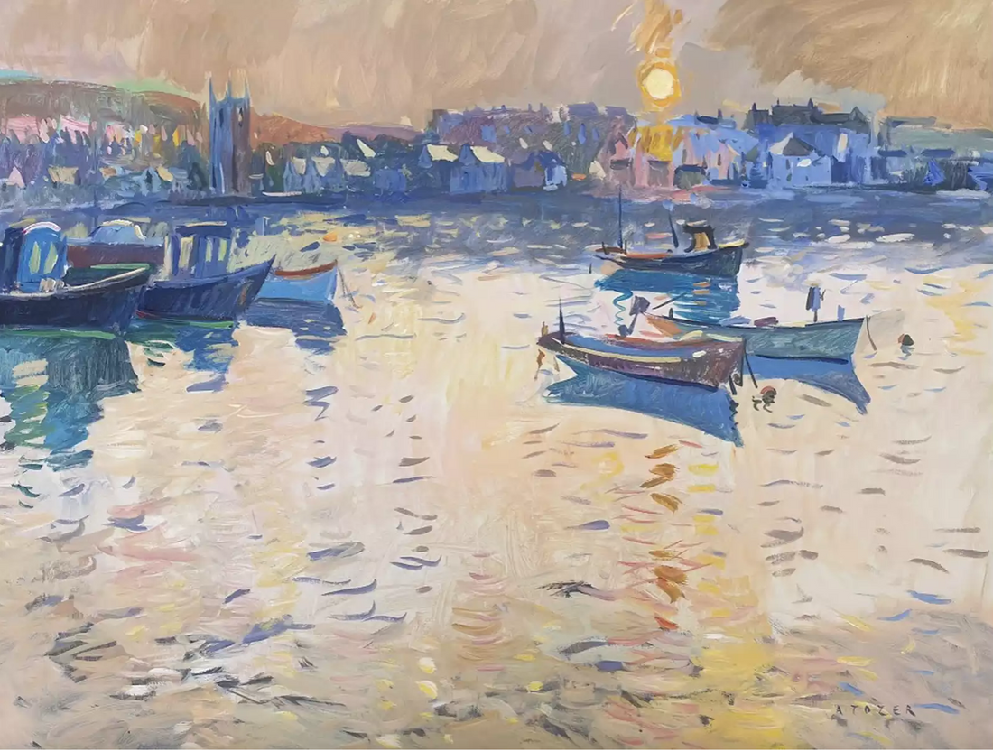 A painting of St Ives harbour with the sun setting by Andrew Tozer