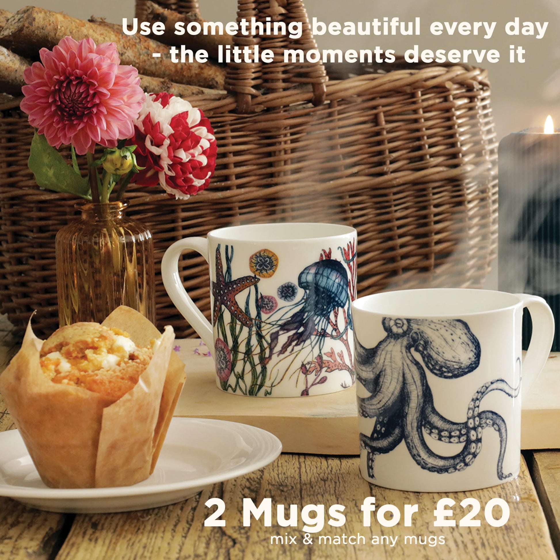 Two Cream Cornwall ceramic mugs with octopus and jellyfish sea life designs styled with flowers and a muffin on a rustic table, promoting the 2 mugs for £20 offer.
