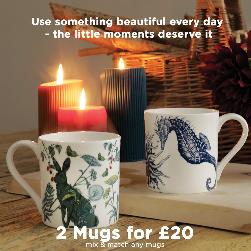 Two Cream Cornwall ceramic mugs with seahorse and hedgerow hare designs styled with flowers and a muffin on a rustic table, promoting the 2 mugs for £20 offer.