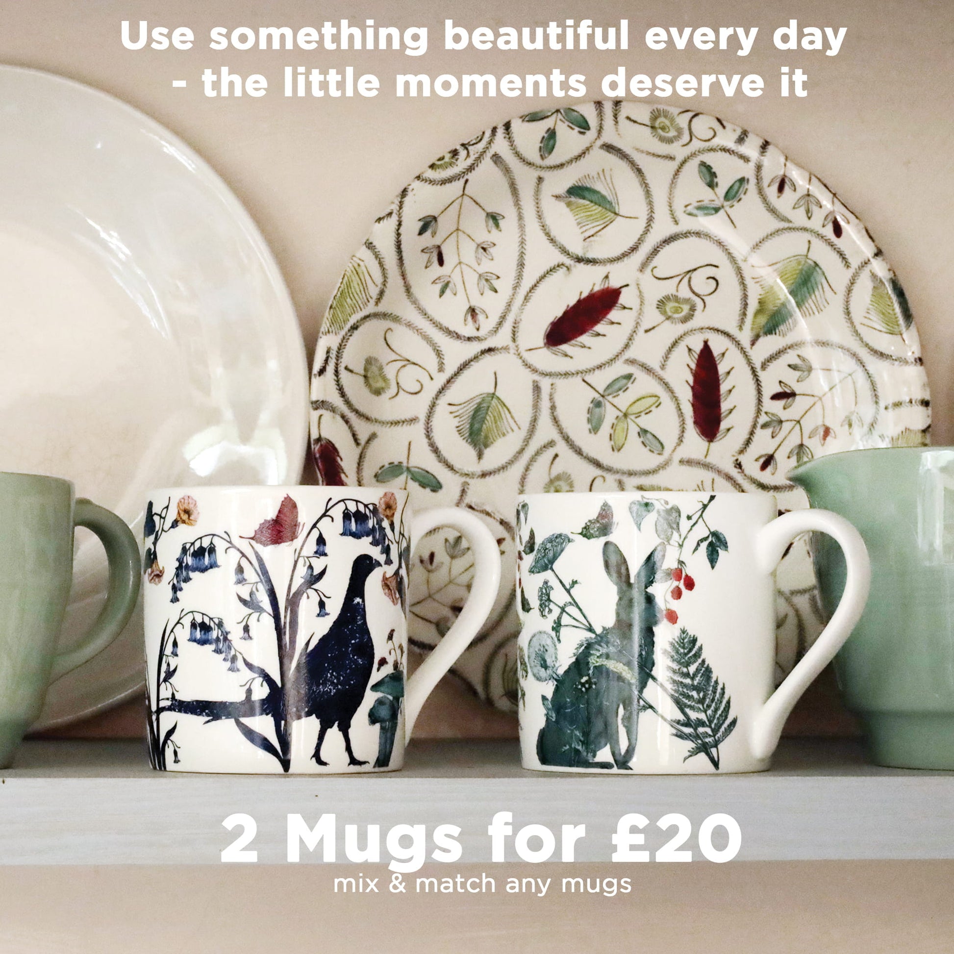 Cream Cornwall ceramic mugs with woodland pheasant and hare designs displayed on a shelf with botanical plates, promoting the 2 mugs for £20 mix and match offer.