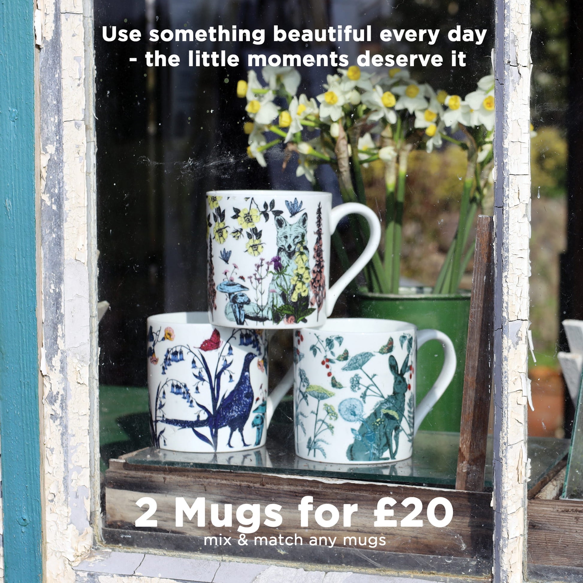 Cream Cornwall woodland mugs with fox, bird and hare illustrations displayed in a rustic window with daffodils, promoting the 2 mugs for £20 mix and match offer.