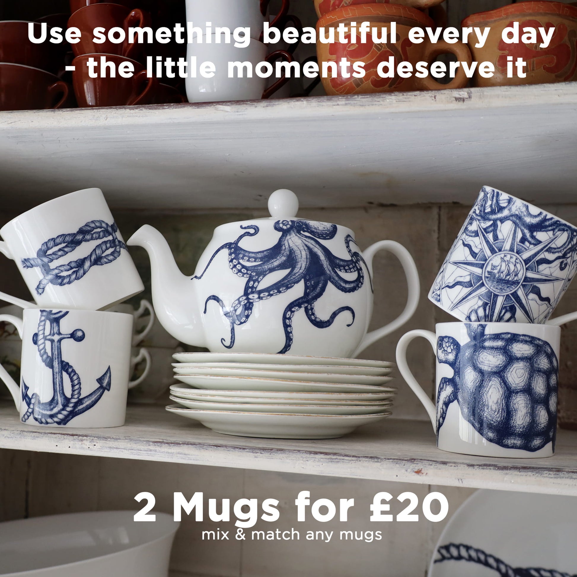 Cream Cornwall nautical mugs with rope, anchor, compass and turtle illustrations displayed on a kitchen shelf with an octopus teapot, promoting the 2 mugs for £20 mix and match offer.