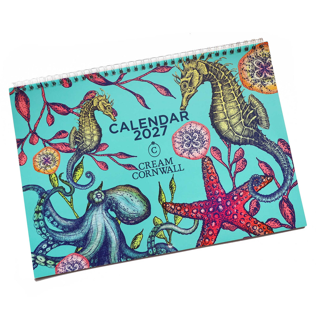 2027 calendar flat lay on white background .The cover is in bright turquoise with brightly coloured sea creatures on.