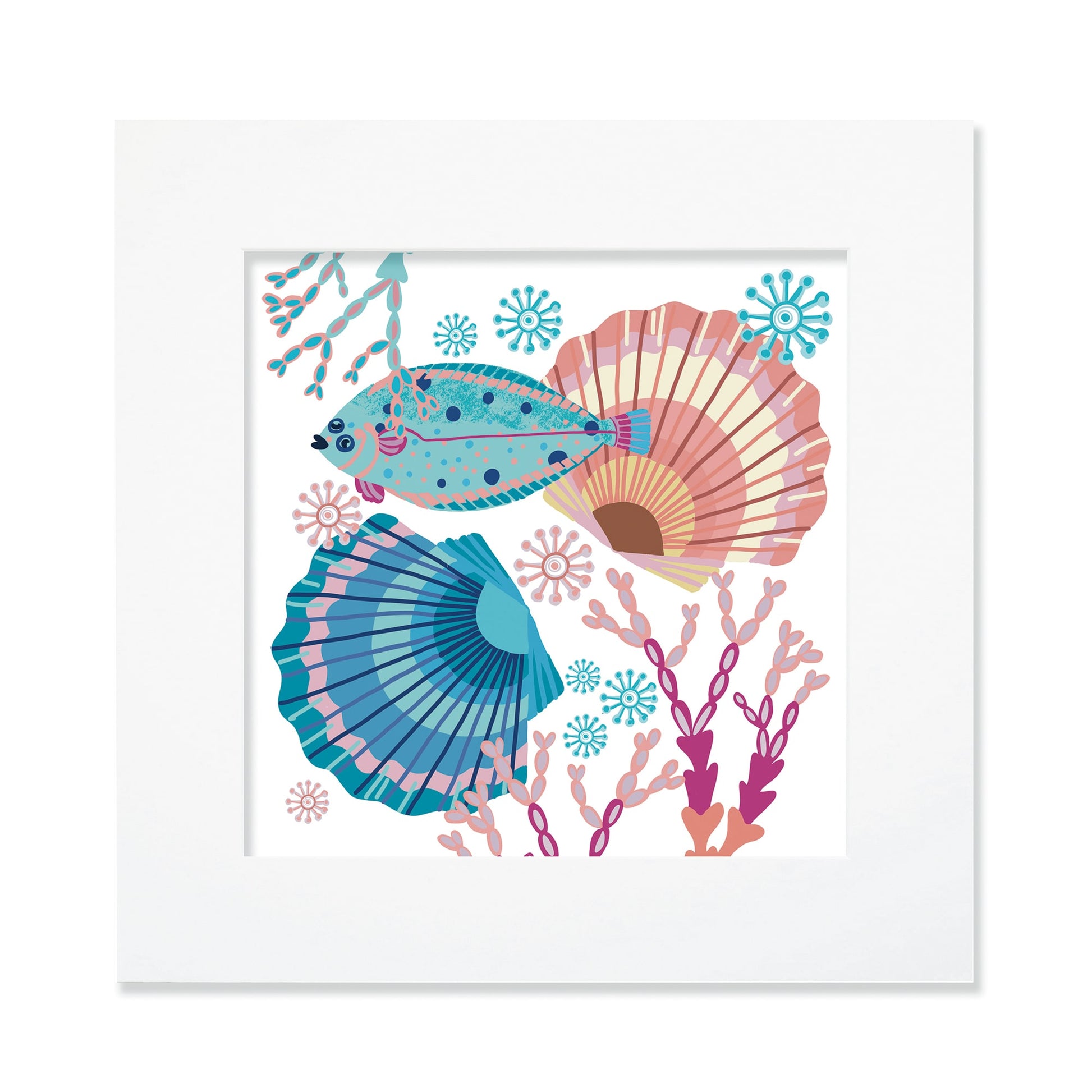 A 30cm square mounted illustration of an underwater scene featuring a colorful flatfish swimming among vibrant seashells, coral branches, and intricate sea flora. The artwork has a bright and playful palette of blues, pinks, and oranges, giving it a whimsical, marine-inspired aesthetic.