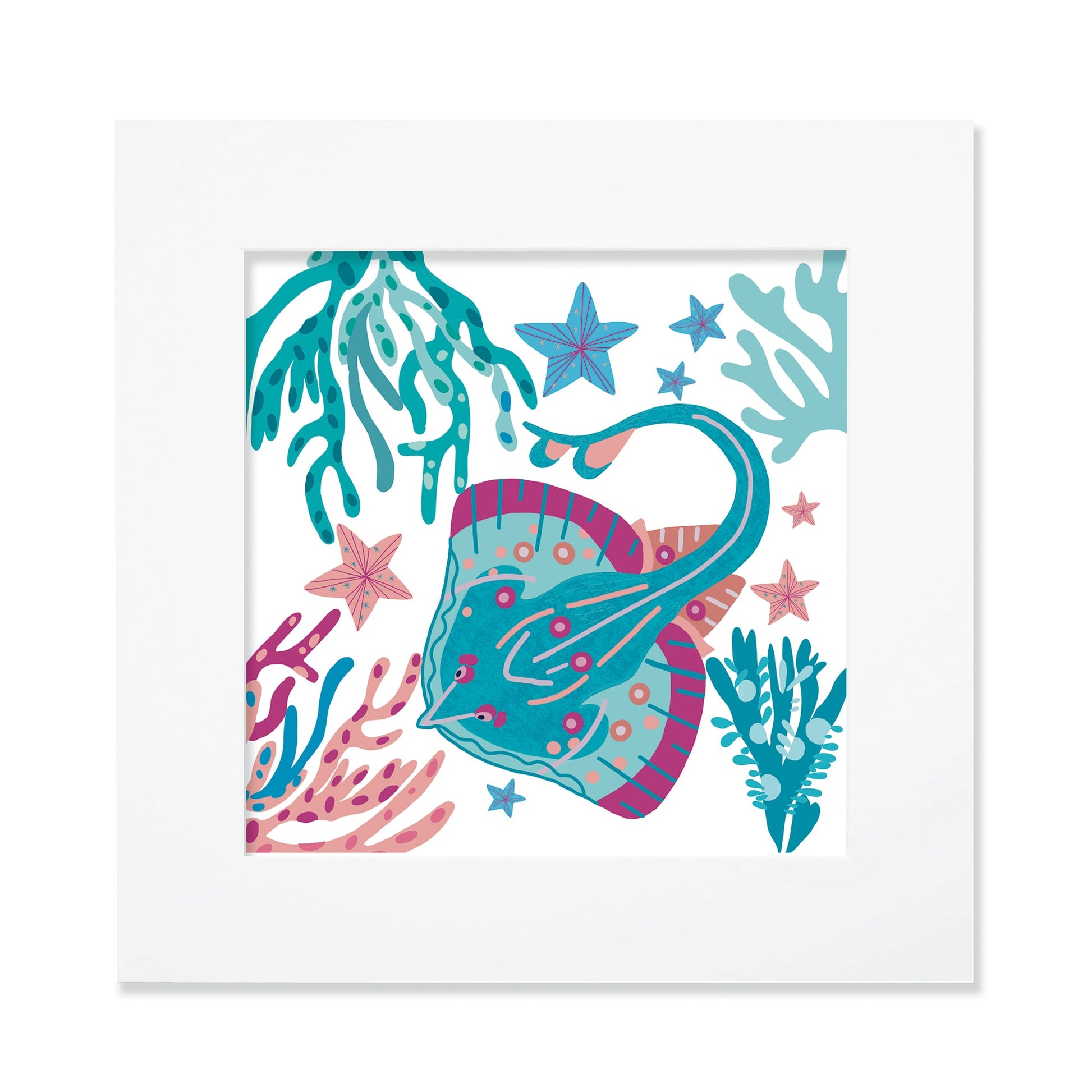 A 40cm square mounted illustration of a vibrantly colored skate swimming among coral, seaweed, and starfish in shades of blue, pink, and turquoise. The artwork has a playful and modern oceanic theme, with intricate patterns decorating the marine life and underwater elements. The white mount and frame provide a clean contrast to the bright colors.