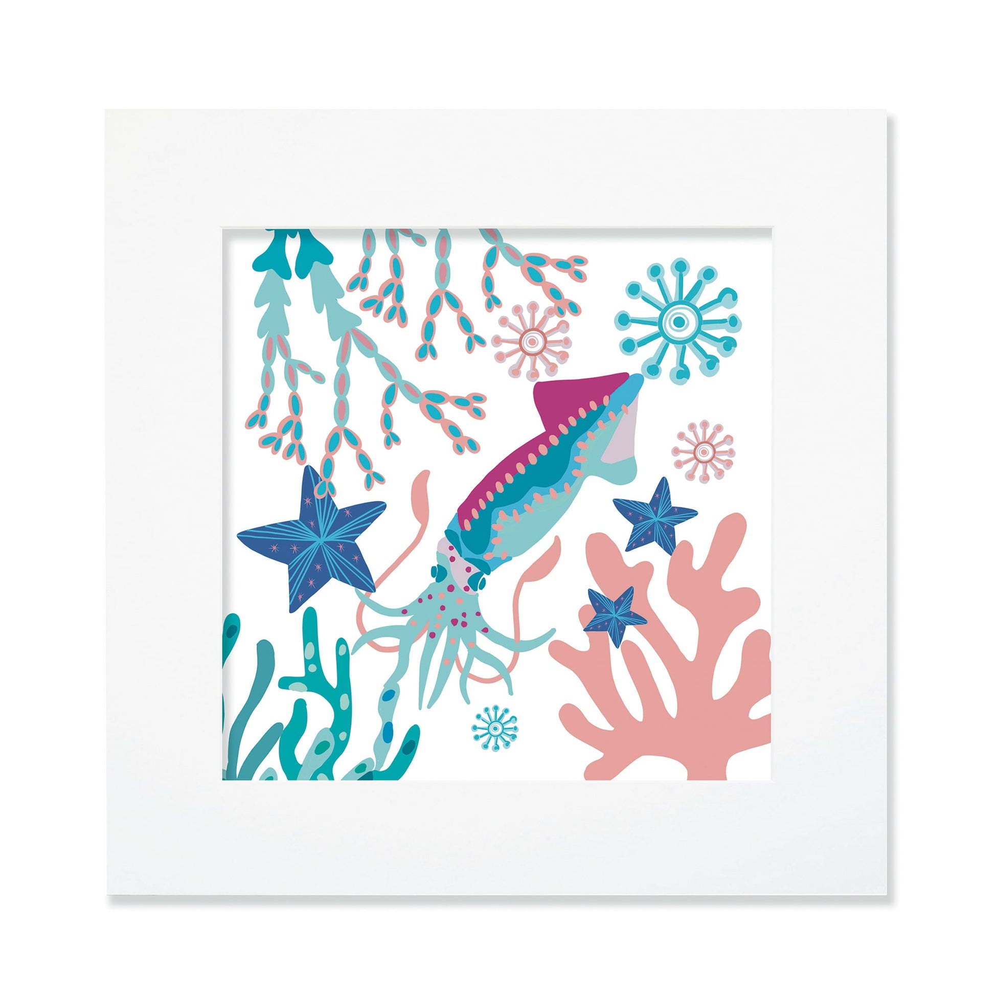 A 30cm square framed illustration of a vibrant squid swimming among coral, seaweed, and starfish in shades of blue, pink, and turquoise. The design features intricate details and patterns, creating a whimsical underwater scene. The white frame provides a clean, modern look that highlights the colorful marine elements.
