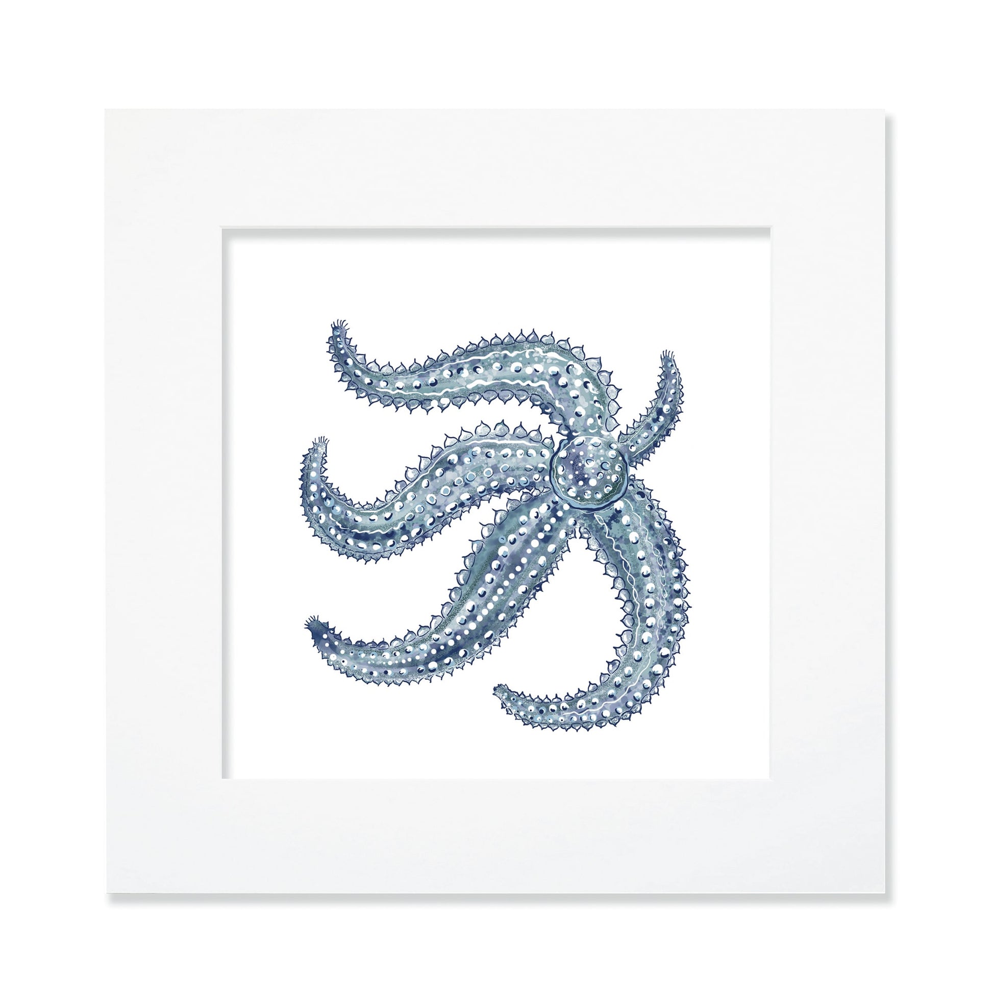 A 30cm square mounted coastal-themed artwork featuring a detailed illustration of a blue starfish with intricate textures and shading. The artwork is set in a white frame with a wide mount, highlighting the marine-inspired design in cool blue tones for a serene oceanic aesthetic.