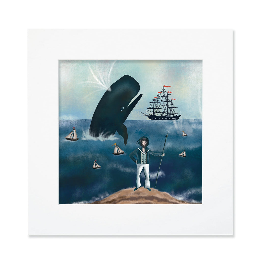 A 30cm square mounted nautical illustration featuring a captain standing on a rocky shore with a spear, gazing at a massive whale breaching from the sea. Small sailboats float on the waves, while a grand black ship with red flags sails in the background under a misty sky.