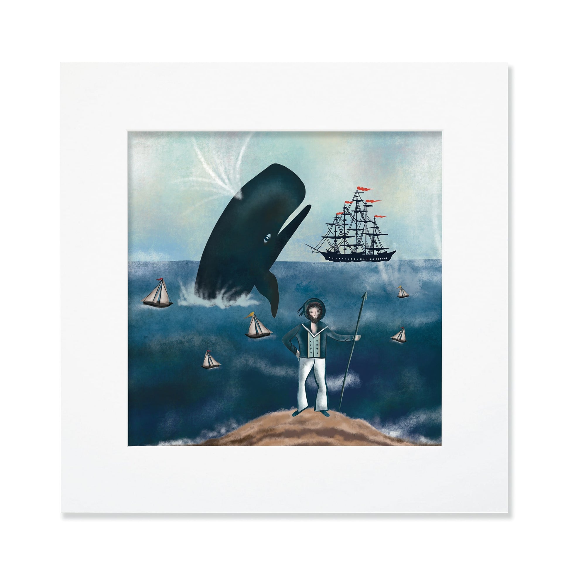 A 30cm square mounted nautical illustration featuring a captain standing on a rocky shore with a spear, gazing at a massive whale breaching from the sea. Small sailboats float on the waves, while a grand black ship with red flags sails in the background under a misty sky.