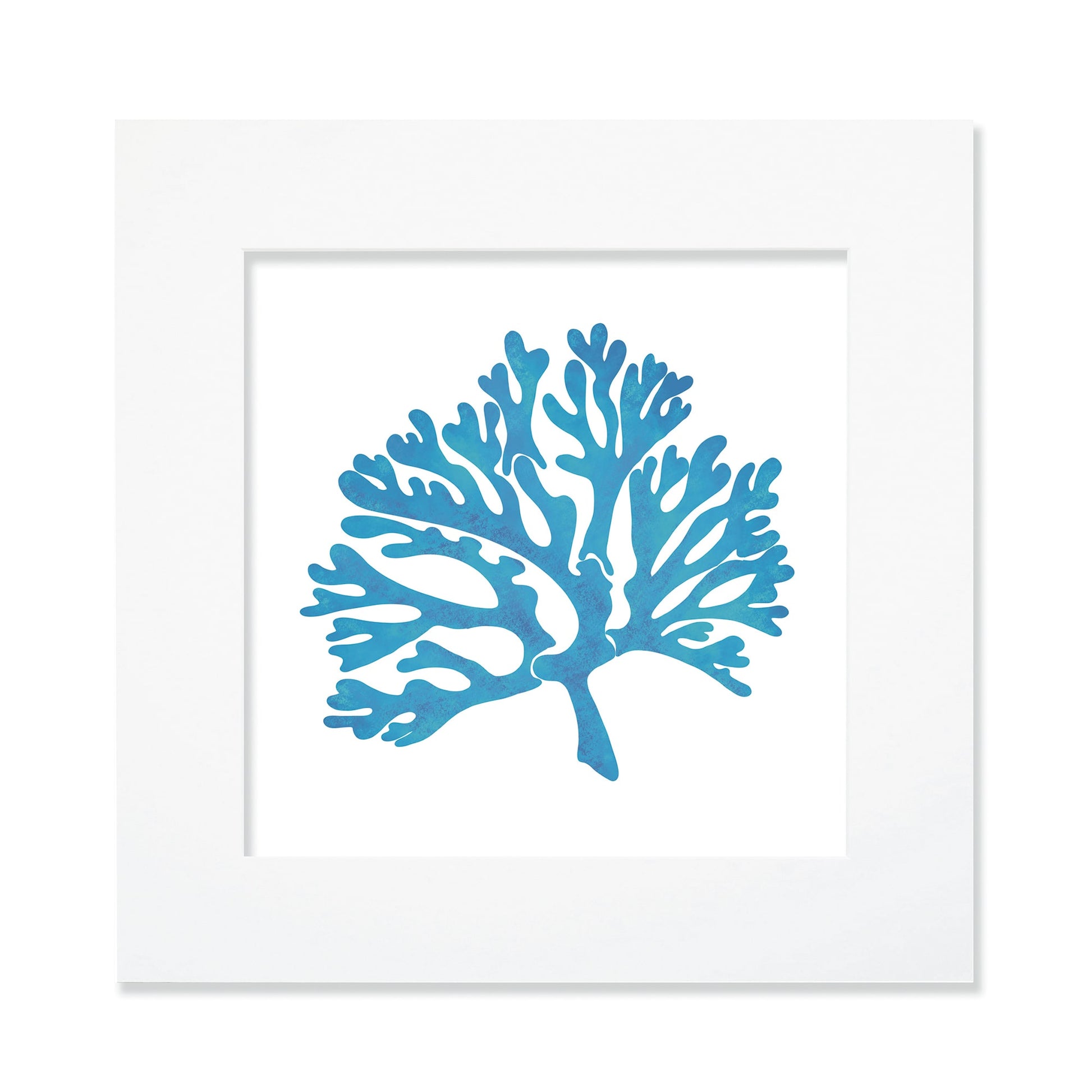 A 30cm square blue coral illustration in a square white mount and frame. The coral design is stylized with organic branching forms in a textured blue hue, set against a clean white background, creating a modern coastal-inspired artwork.