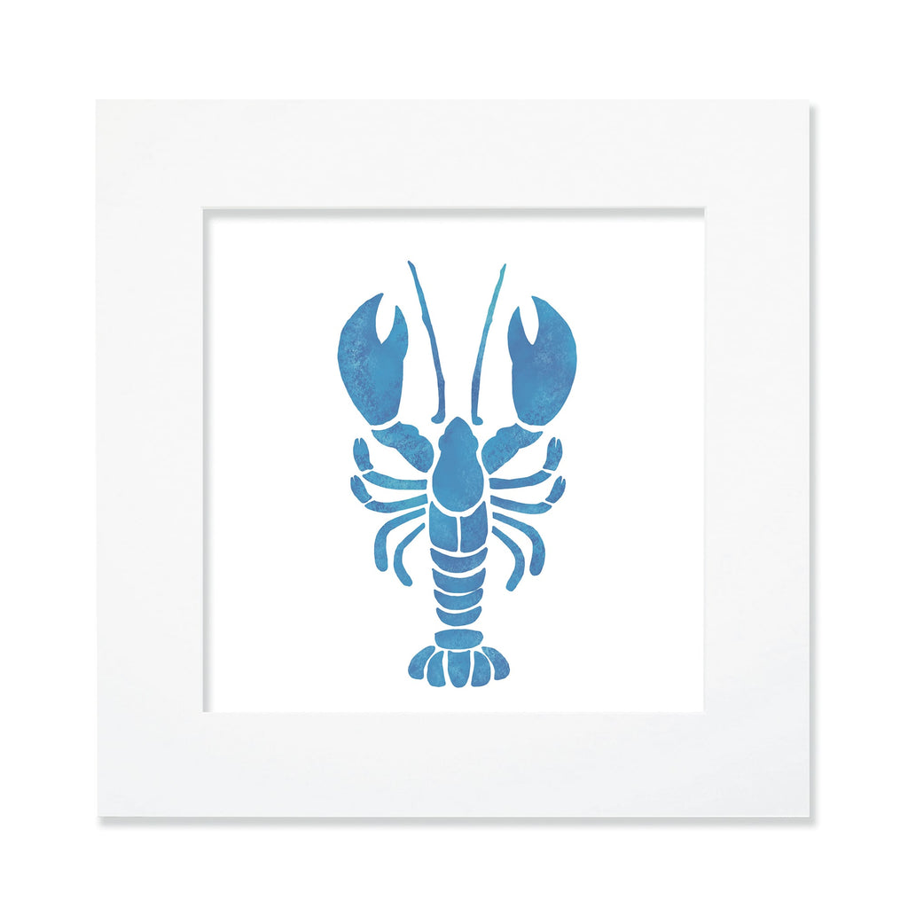 A 30cm square mounted blue lobster illustration in a white mount, featuring a bold, stencil-style design with a textured watercolor effect. The artwork has a coastal-inspired aesthetic, perfect for nautical-themed decor.