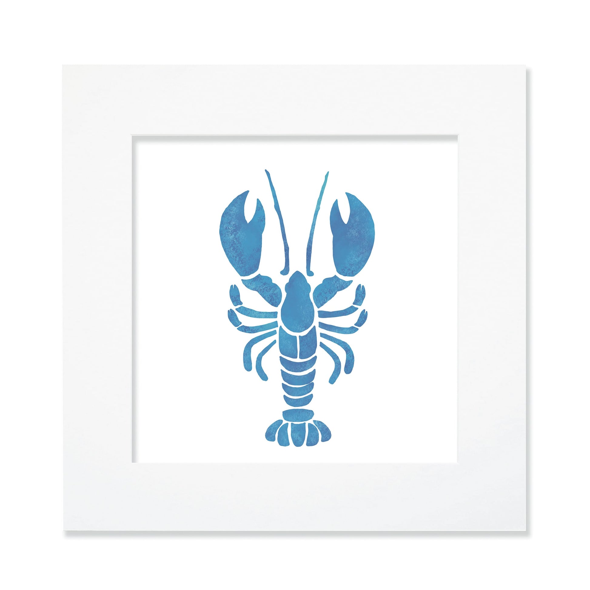 A 30cm square mounted blue lobster illustration in a white mount, featuring a bold, stencil-style design with a textured watercolor effect. The artwork has a coastal-inspired aesthetic, perfect for nautical-themed decor.