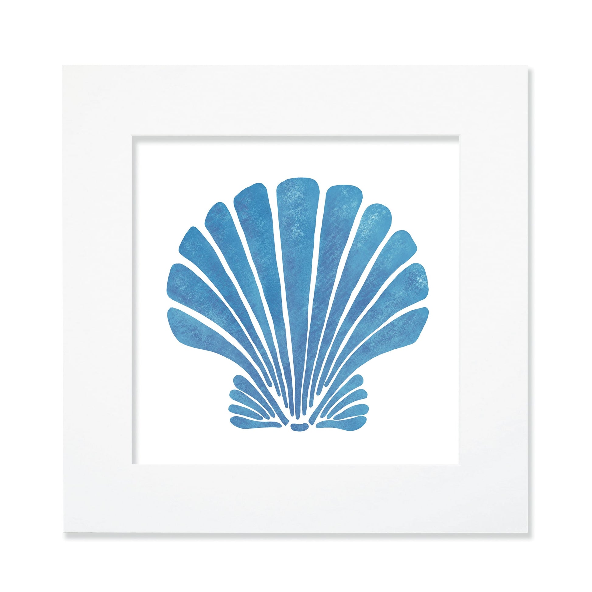 A 30cm mounted coastal-themed artwork featuring a bold blue scallop shell illustration with a textured finish. The artwork is set in a white frame with a wide mount, highlighting the marine-inspired design in deep blue tones for a striking oceanic aesthetic.