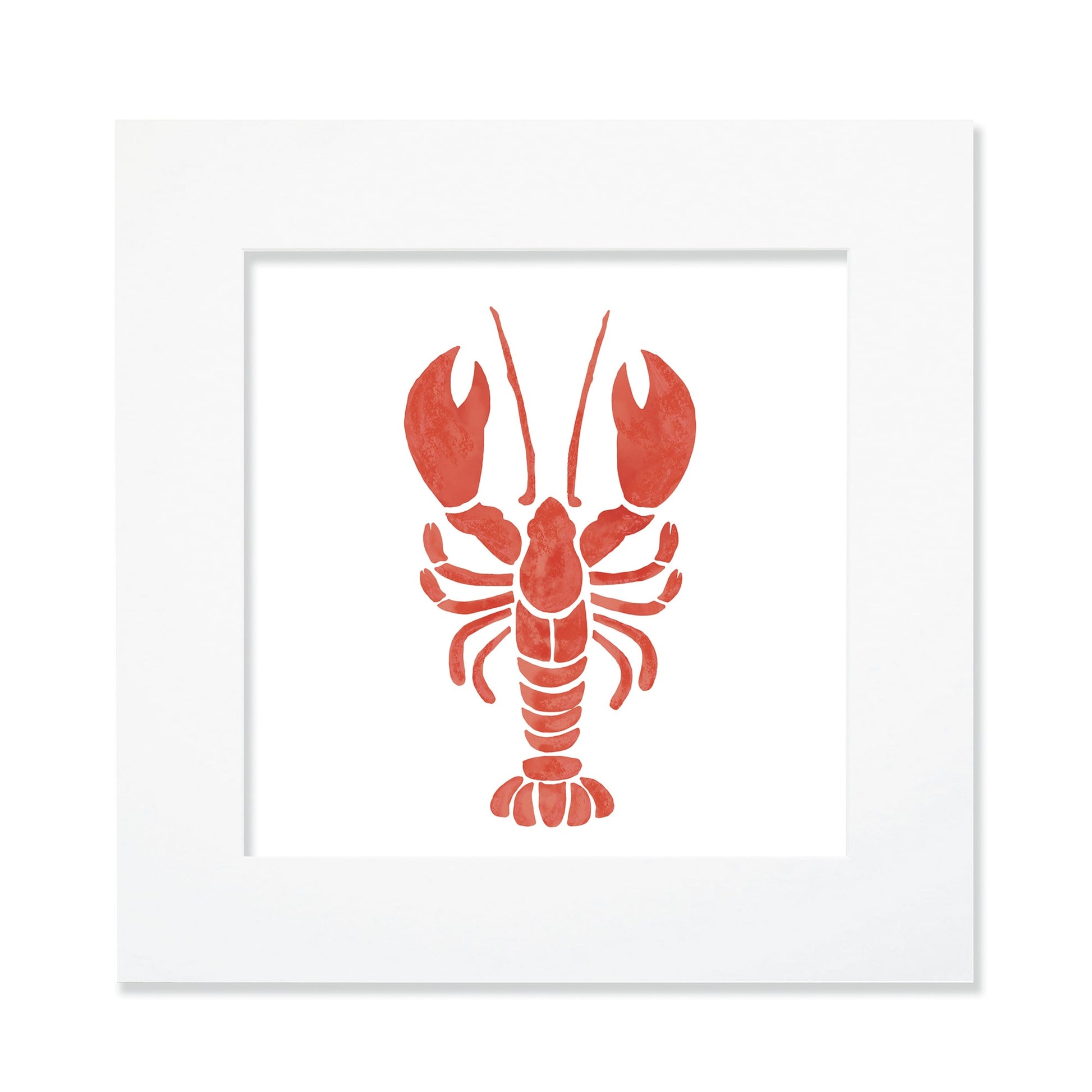 A 30cmm square framed illustration of an orange lobster, displayed within a white mount and frame. The lobster design is stylized with a bold, textured appearance, emphasizing its claws and segmented body.