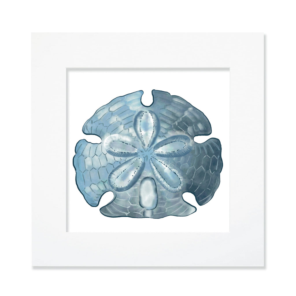 A 30cm mounted coastal-themed artwork featuring a detailed illustration of a blue sand dollar with intricate textures and shading. The artwork is set in a white frame with a wide mount, highlighting the marine-inspired design in cool blue tones for a serene oceanic aesthetic.