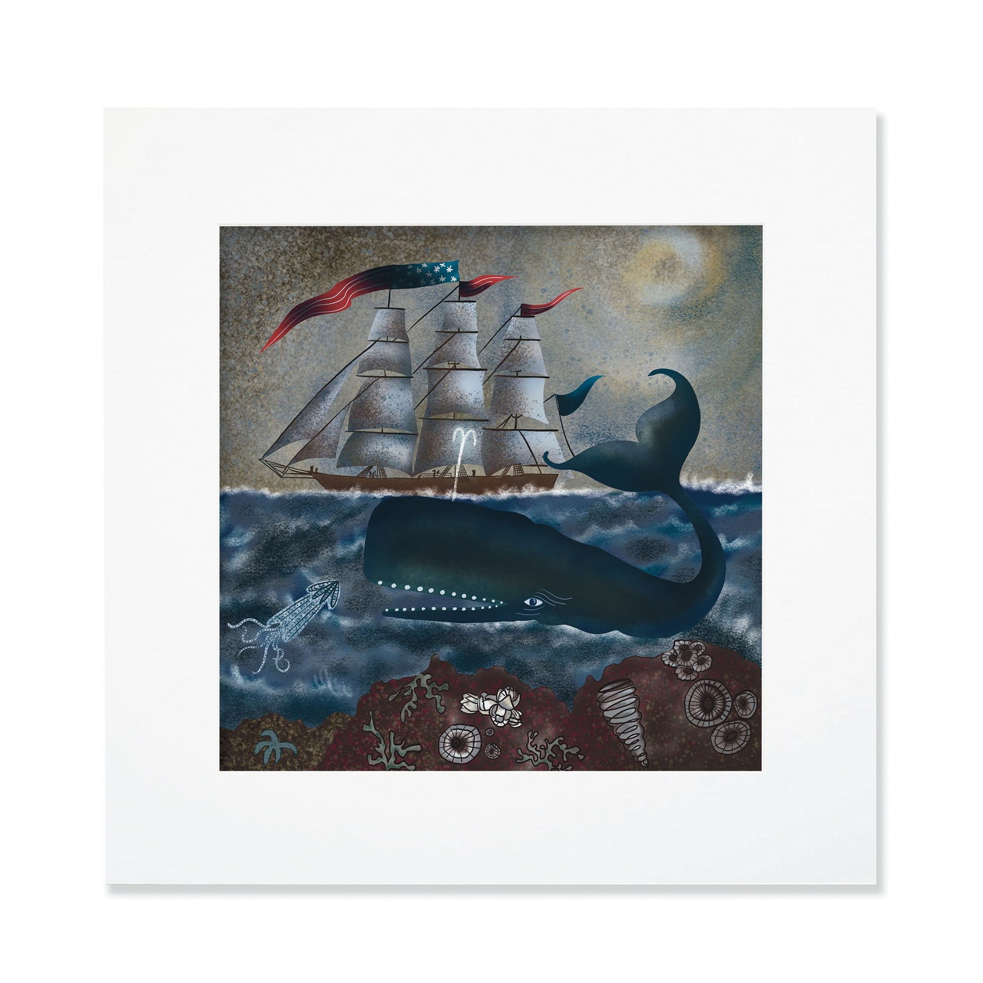 A 30cm square mounted illustration depicting a grand sailing ship with billowing sails and an American flag, sailing under a moonlit sky. Below the waves, a massive dark blue whale with glowing white spots swims gracefully, accompanied by a small squid and surrounded by coral and seashells on the ocean floor. The artwork blends nautical and marine life themes with a textured, vintage aesthetic.
