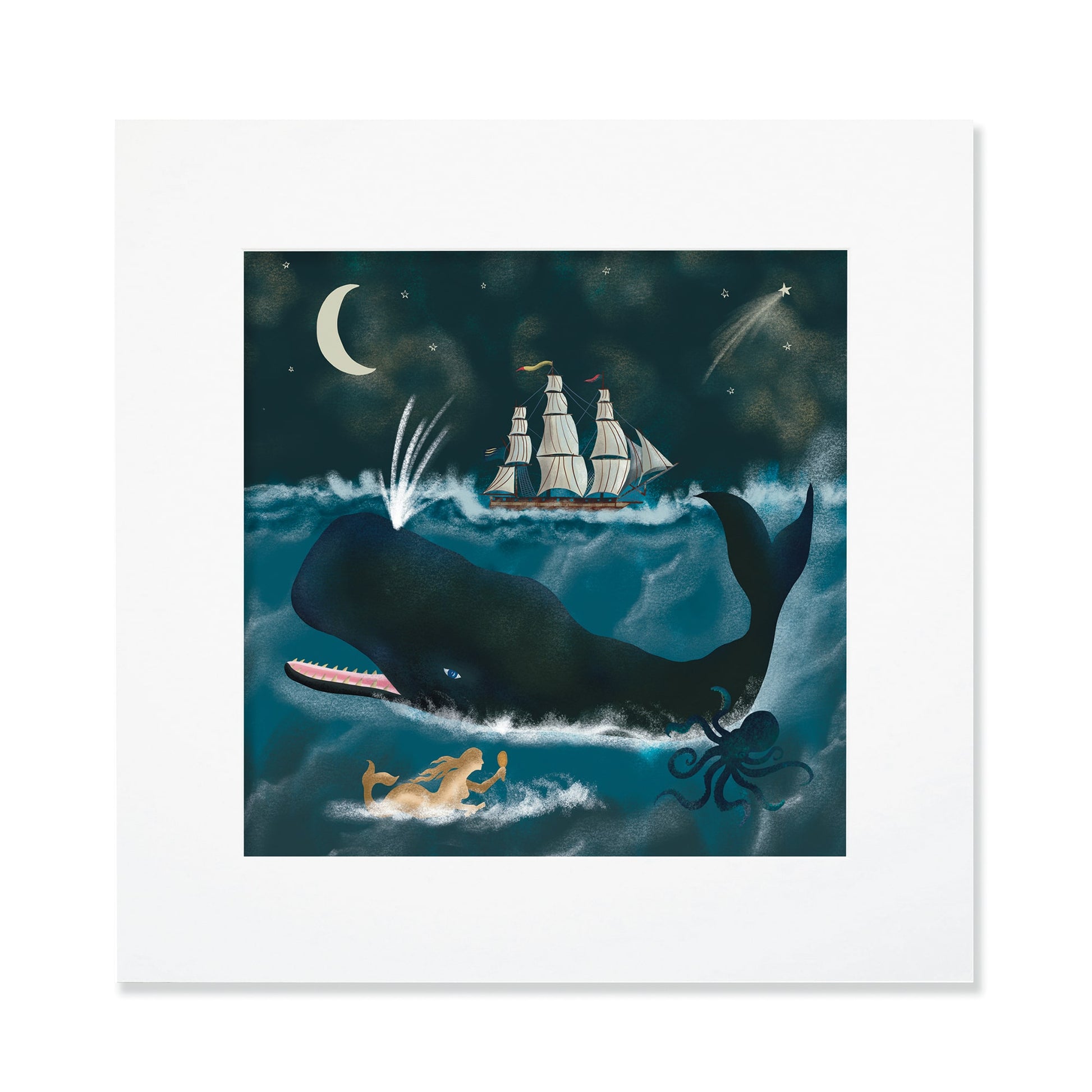A 30cm square mounted illustration of a nighttime ocean scene featuring a large whale, a sailing ship under a crescent moon, a mermaid swimming in the waves, and an octopus beneath the surface. A shooting star streaks across the dark sky.
