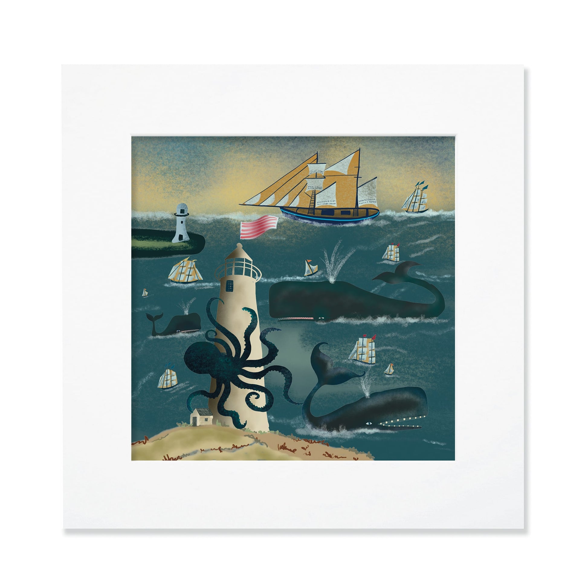 A 30cm square mounted nautical illustration featuring a large octopus wrapped around a lighthouse on a rocky shore. The ocean is filled with whales spouting water, sailing ships, and a smaller lighthouse in the distance. The scene is set under a golden sky, with waves crashing and sea creatures creating a sense of movement.