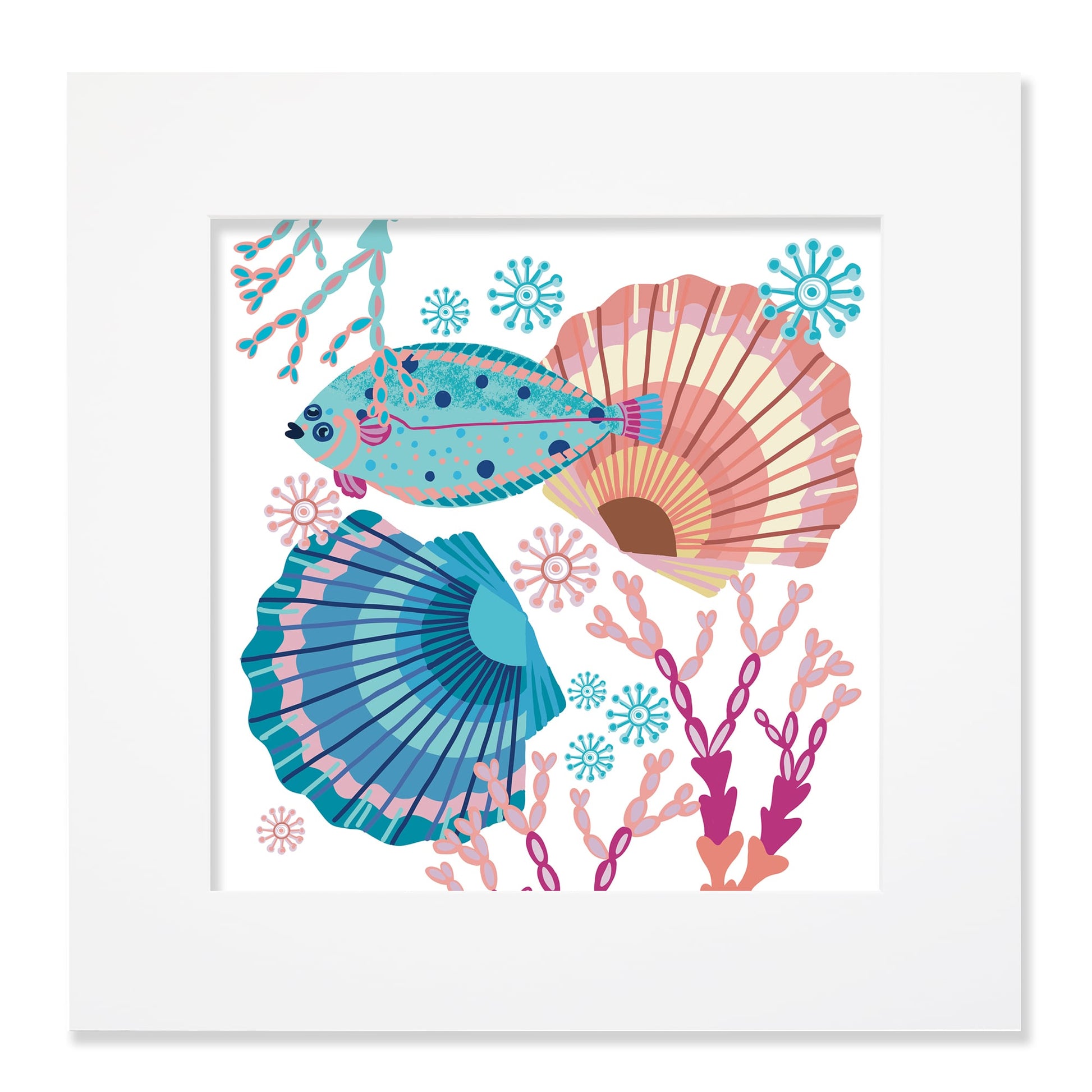 A 40cm square mounted illustration of an underwater scene featuring a colorful flatfish swimming among vibrant seashells, coral branches, and intricate sea flora. The artwork has a bright and playful palette of blues, pinks, and oranges, giving it a whimsical, marine-inspired aesthetic.