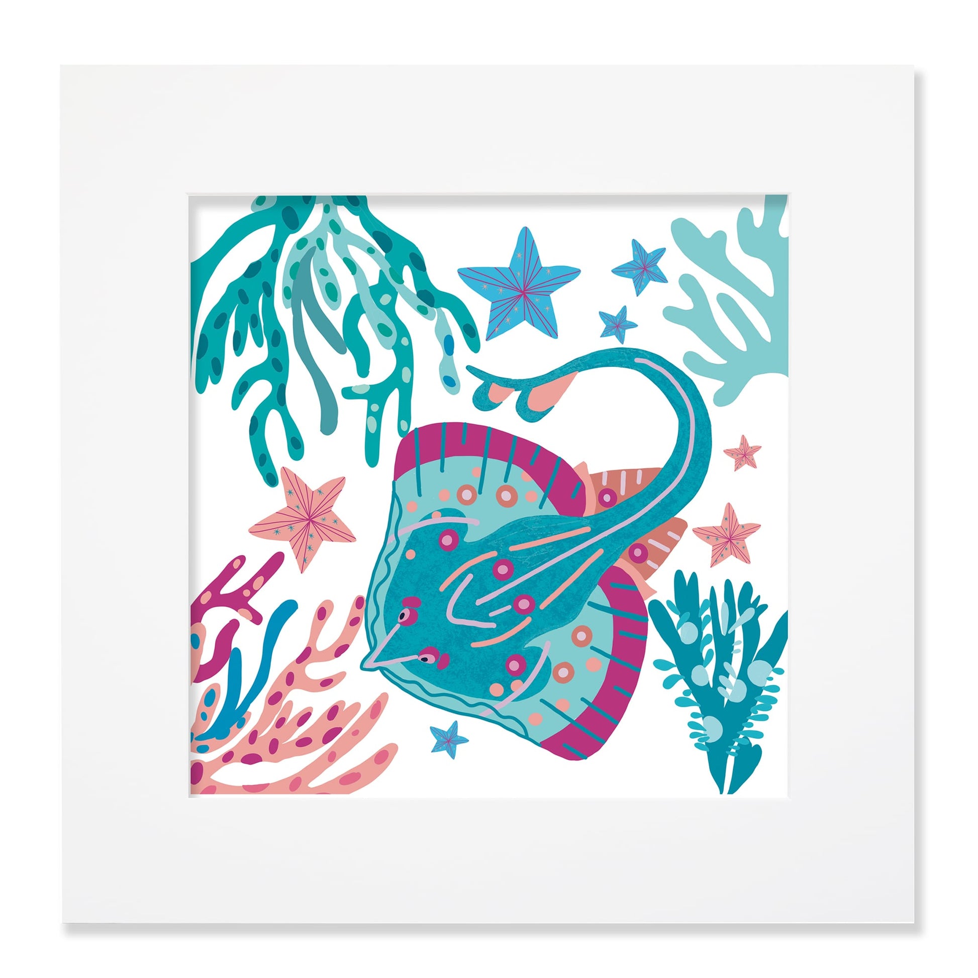 A 40cm square mounted illustration of a vibrantly colored skate swimming among coral, seaweed, and starfish in shades of blue, pink, and turquoise. The artwork has a playful and modern oceanic theme, with intricate patterns decorating the marine life and underwater elements. The white mount and frame provide a clean contrast to the bright colors.