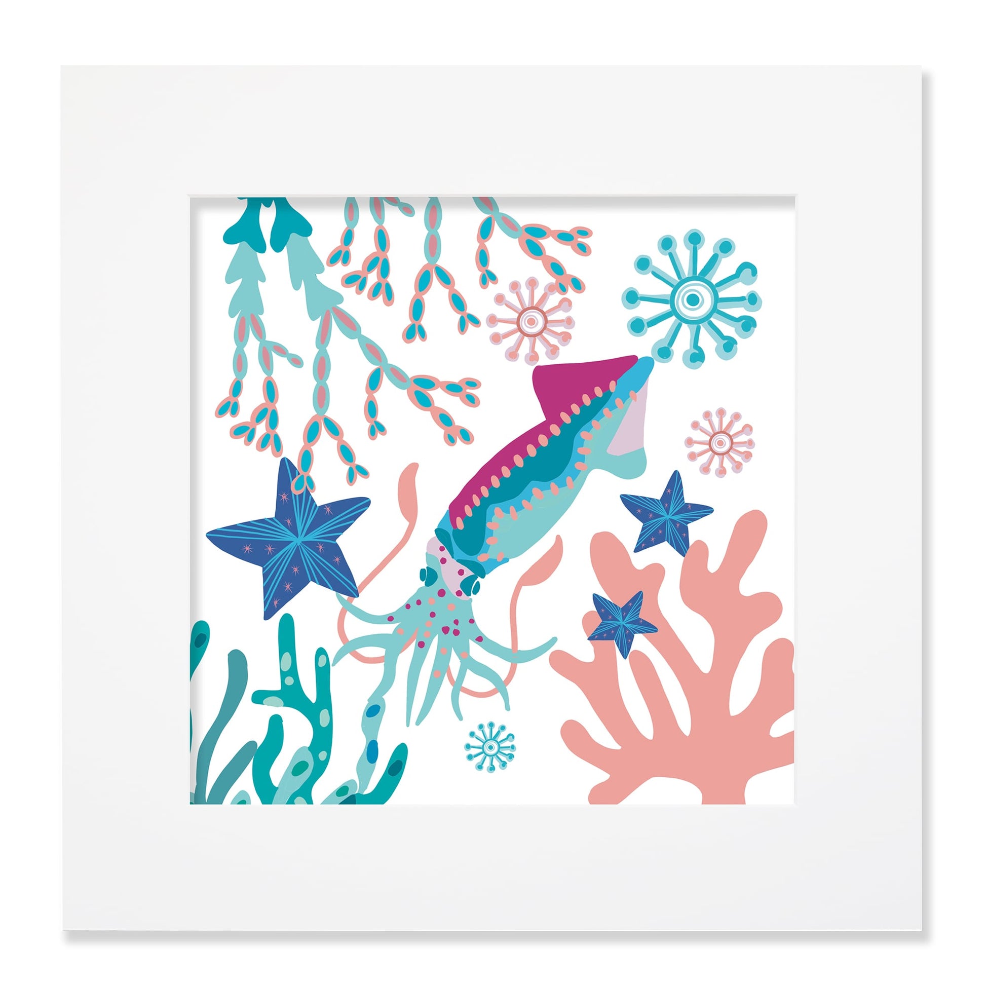 A 40cm square framed illustration of a vibrant squid swimming among coral, seaweed, and starfish in shades of blue, pink, and turquoise. The design features intricate details and patterns, creating a whimsical underwater scene. The white frame provides a clean, modern look that highlights the colorful marine elements.