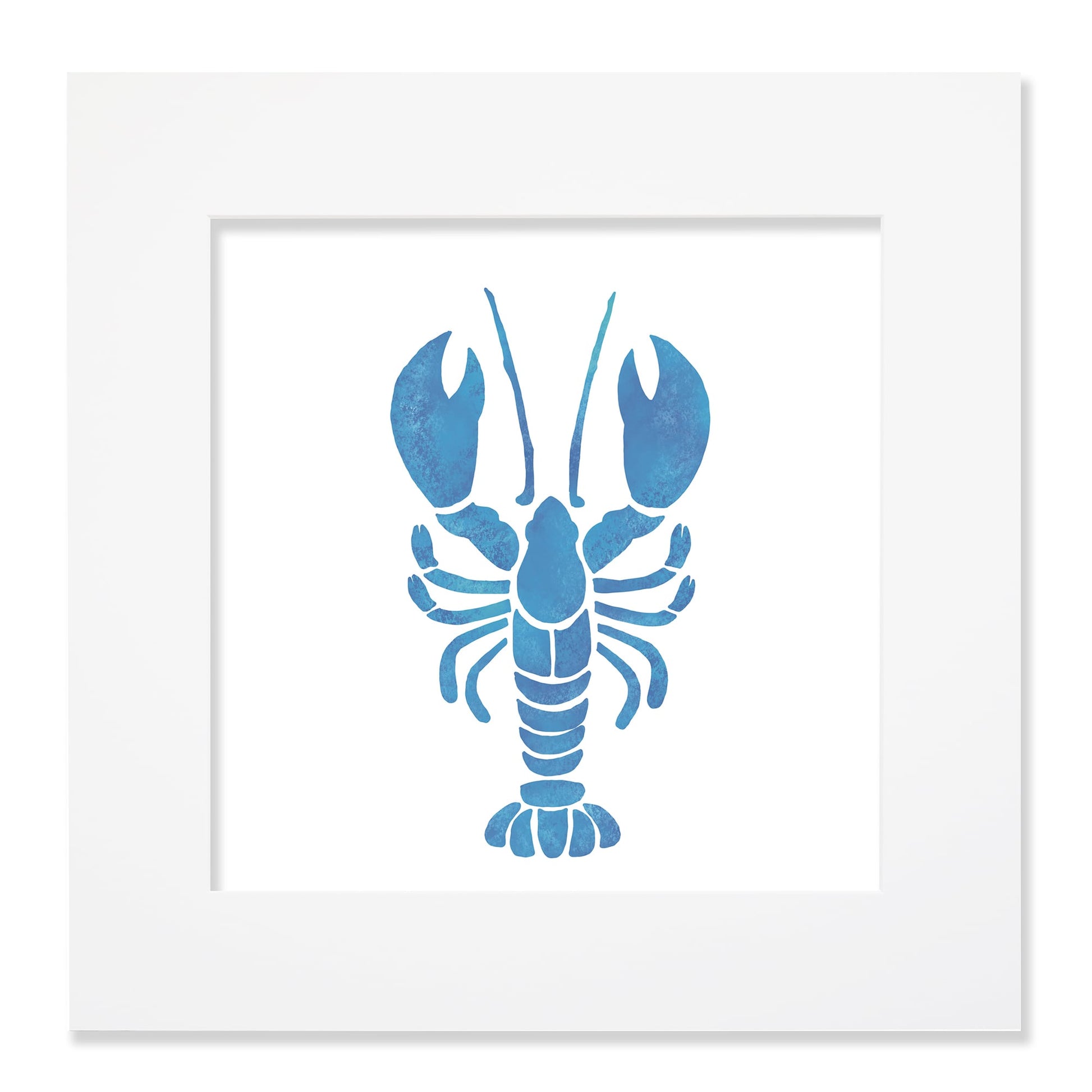 A 40cm square mounted blue lobster illustration in a white mount, featuring a bold, stencil-style design with a textured watercolor effect. The artwork has a coastal-inspired aesthetic, perfect for nautical-themed decor.