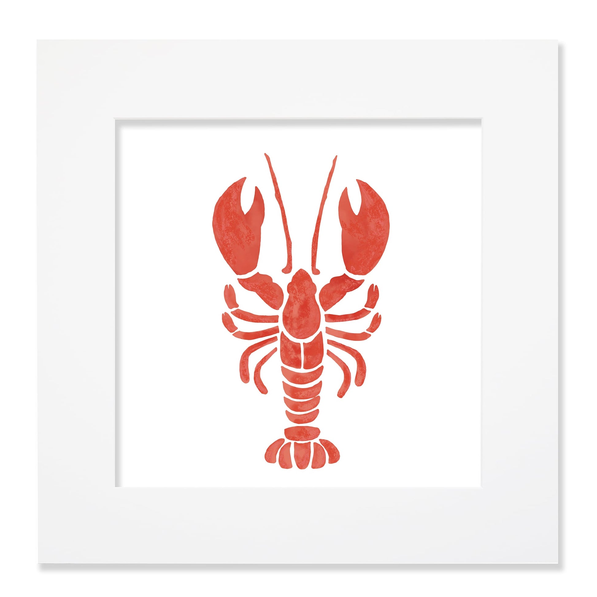 A 40cmm square framed illustration of an orange lobster, displayed within a white mount and frame. The lobster design is stylized with a bold, textured appearance, emphasizing its claws and segmented body.