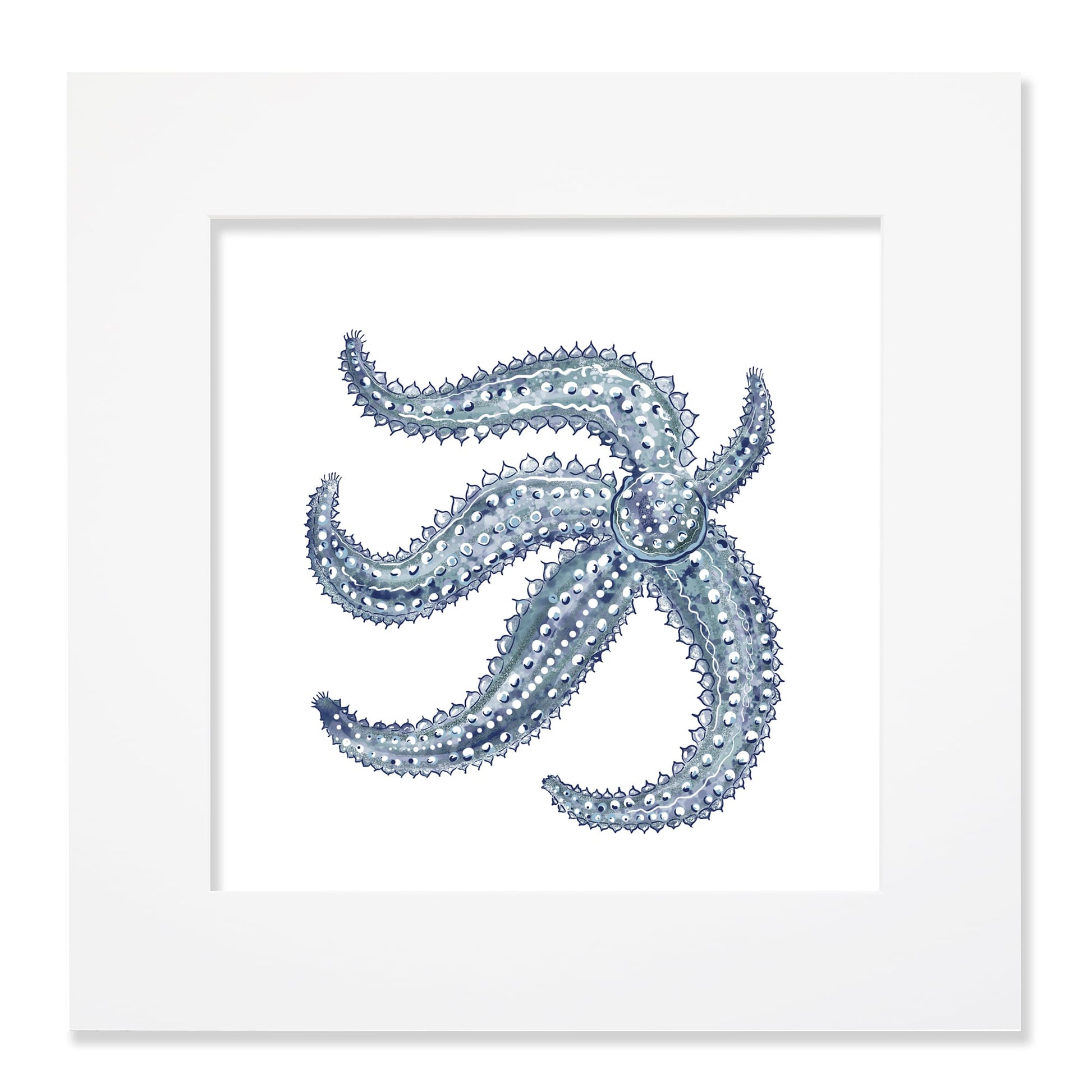 A 40cm square mounted coastal-themed artwork featuring a detailed illustration of a blue starfish with intricate textures and shading. The artwork is set in a white frame with a wide mount, highlighting the marine-inspired design in cool blue tones for a serene oceanic aesthetic.