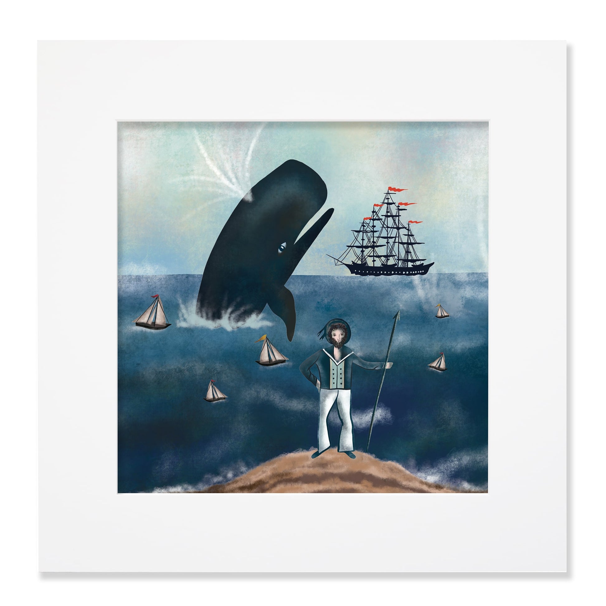 A 40cm square mounted nautical illustration featuring a captain standing on a rocky shore with a spear, gazing at a massive whale breaching from the sea. Small sailboats float on the waves, while a grand black ship with red flags sails in the background under a misty sky.