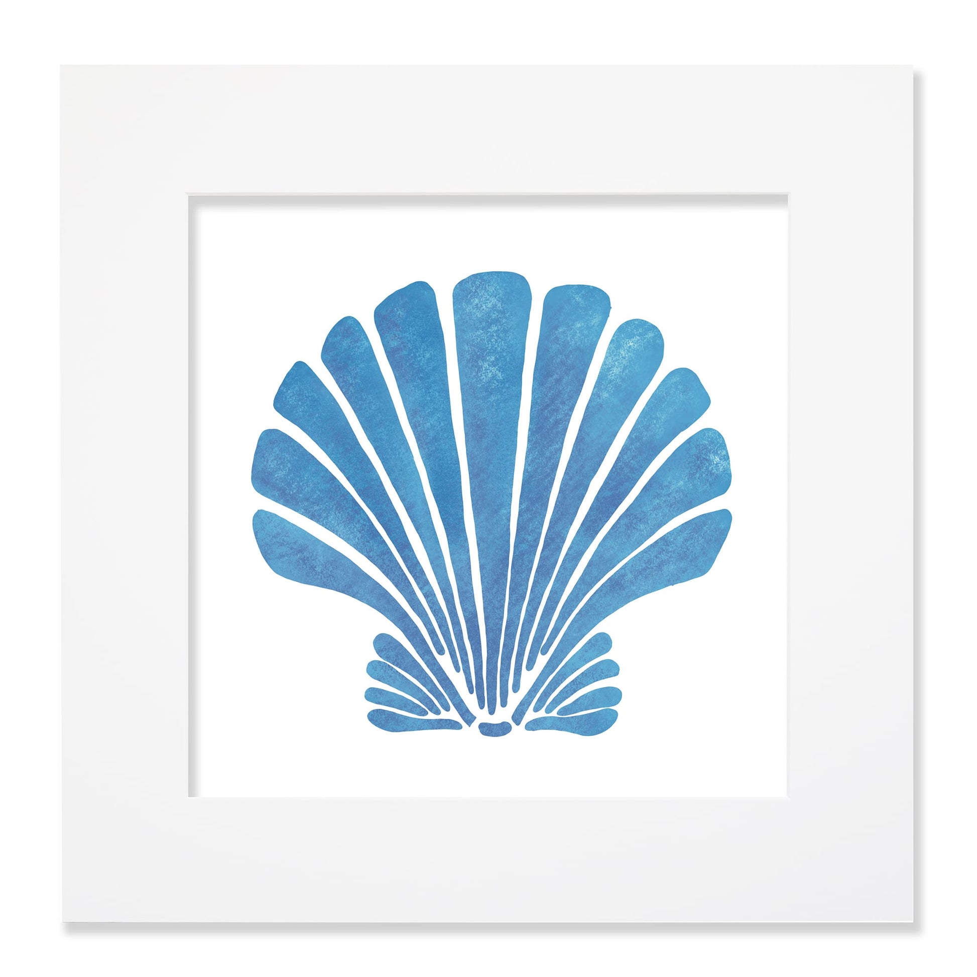 A 40cm mounted coastal-themed artwork featuring a bold blue scallop shell illustration with a textured finish. The artwork is set in a white frame with a wide mount, highlighting the marine-inspired design in deep blue tones for a striking oceanic aesthetic.