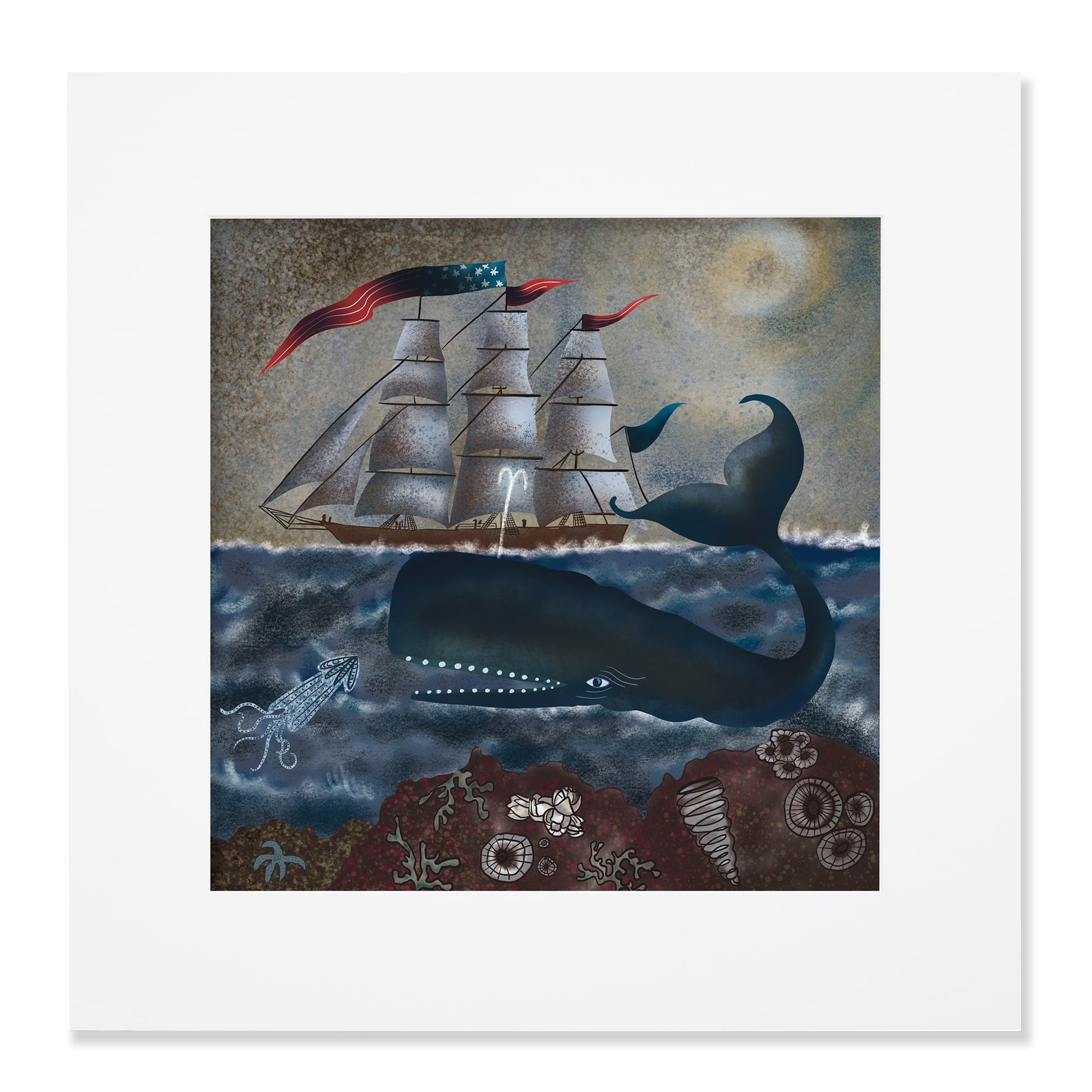 A 40cm square mounted illustration depicting a grand sailing ship with billowing sails and an American flag, sailing under a moonlit sky. Below the waves, a massive dark blue whale with glowing white spots swims gracefully, accompanied by a small squid and surrounded by coral and seashells on the ocean floor. The artwork blends nautical and marine life themes with a textured, vintage aesthetic.