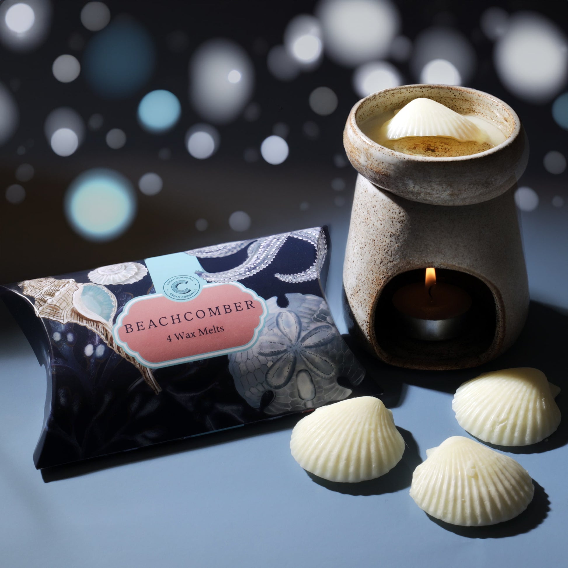 Beachcomber wax melts packaging with a ceramic warmer and shells on a dark background