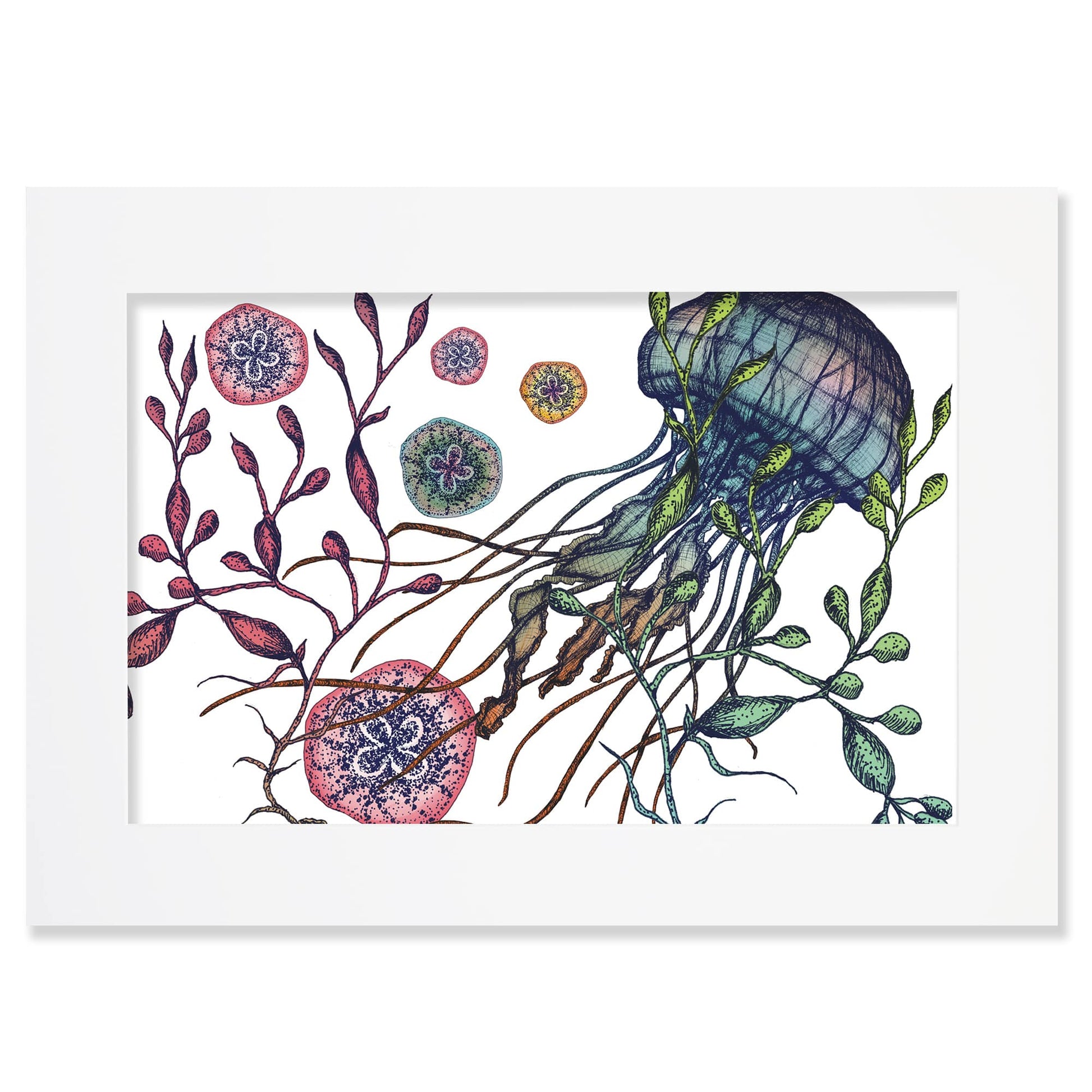 An A2 mounted illustration of a jellyfish surrounded by seaweed and colorful marine elements, set in a white mount. The artwork features intricate detailing in shades of blue, green, red, and yellow.