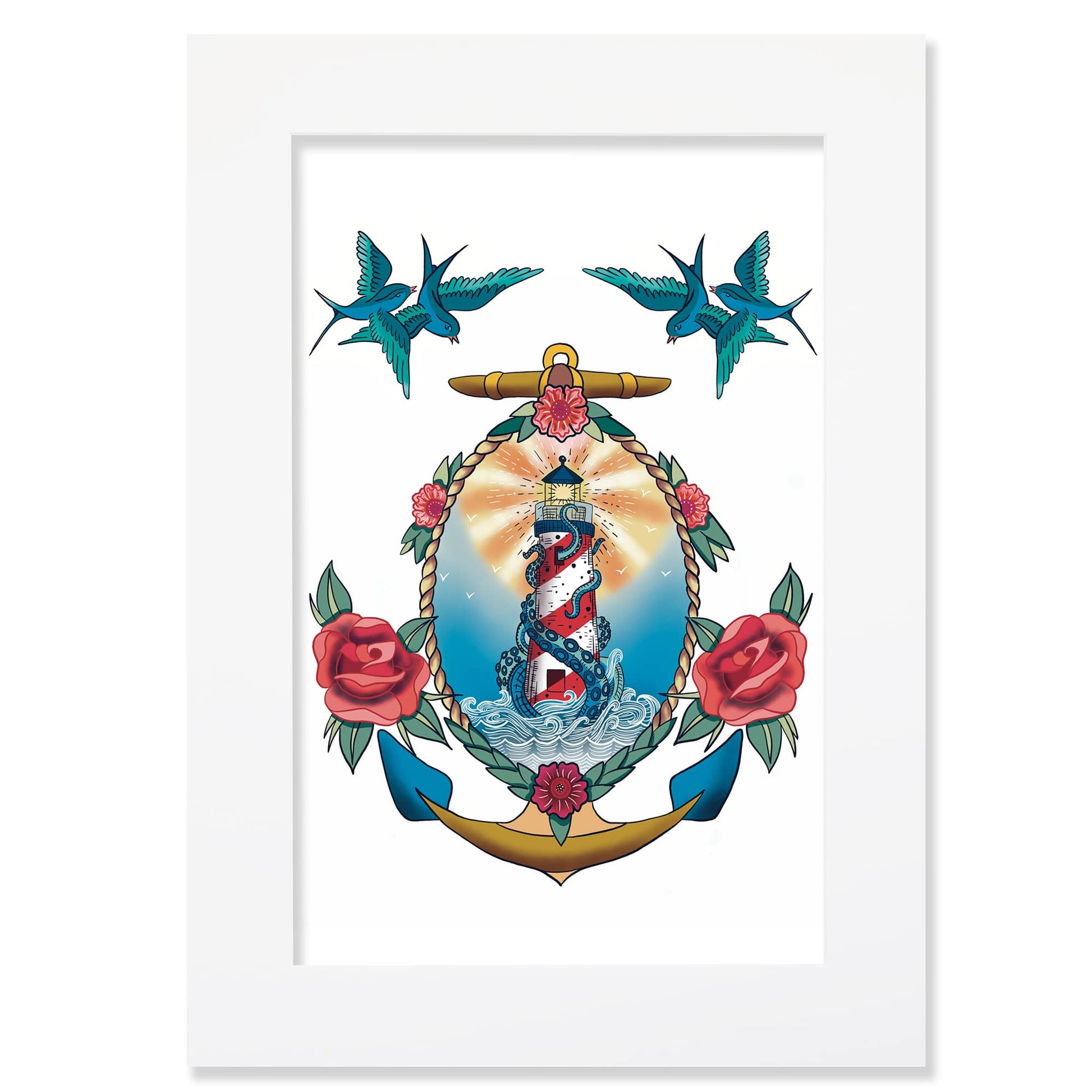 An A2 mounted nautical tattoo-style illustration features a lighthouse wrapped in a kraken’s tentacles, encased within a decorative anchor adorned with roses. Two swallows fly above, completing the maritime theme.