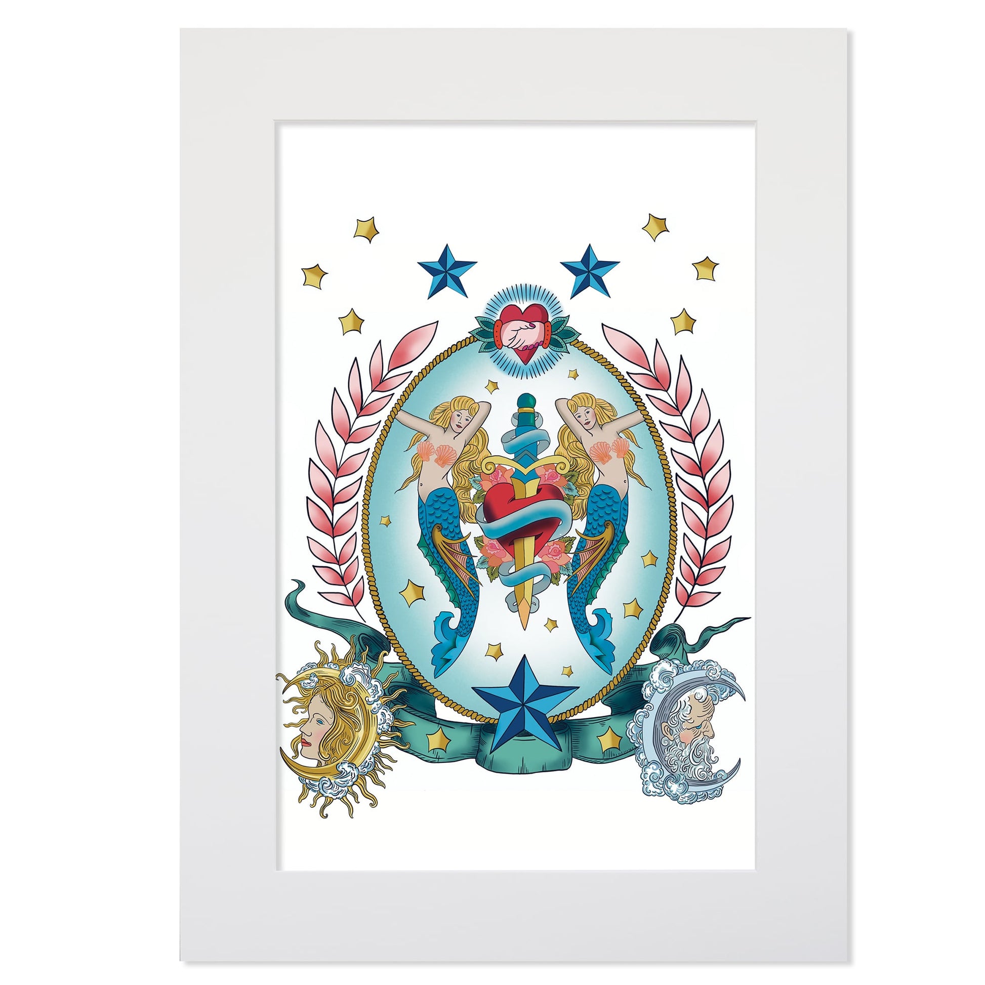 An A2 mounted illustration of two mirrored mermaids holding a heart-wrapped dagger, surrounded by nautical and celestial motifs. The artwork is adorned with golden stars, a radiant sun and moon, laurel leaves, and an anchor at the base. The mermaids have flowing golden hair and are set against a blue gradient background, evoking a vintage tattoo-inspired aesthetic. The frame is white with a clean, modern mount.