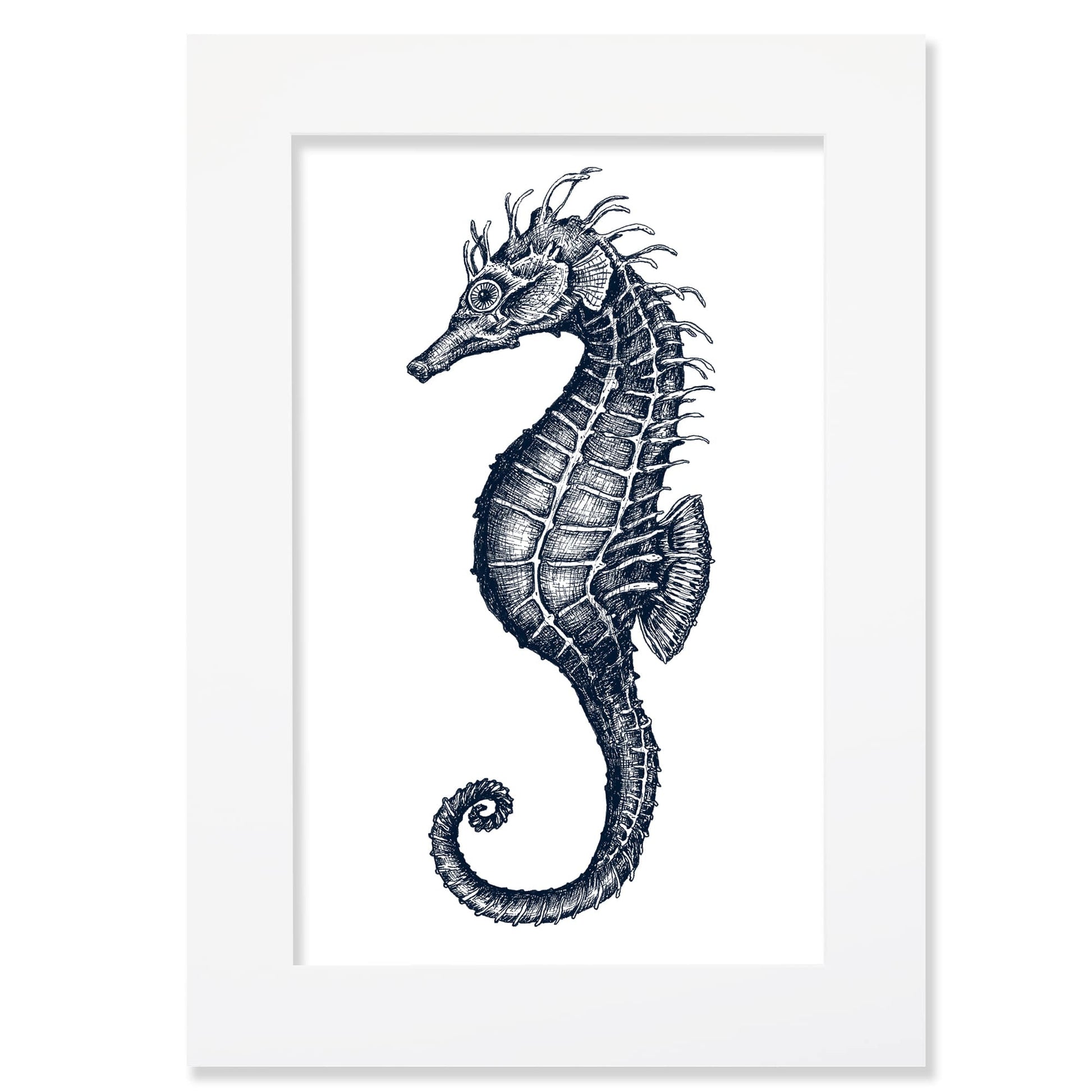 An A2 mounted blue-and-white illustration of a seahorse, intricately detailed with fine lines and shading, set against a white background in a white mount.
