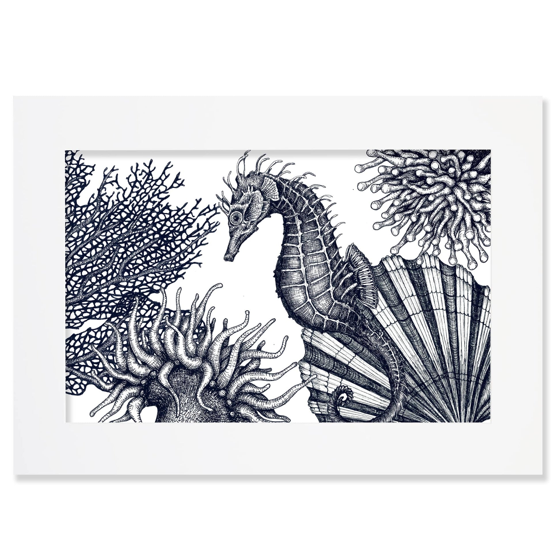 An A2 mounted blue-and-white illustration of an underwater seahorse scene, intricately detailed with fine lines and shading, set against a white background in a white mount and frame.