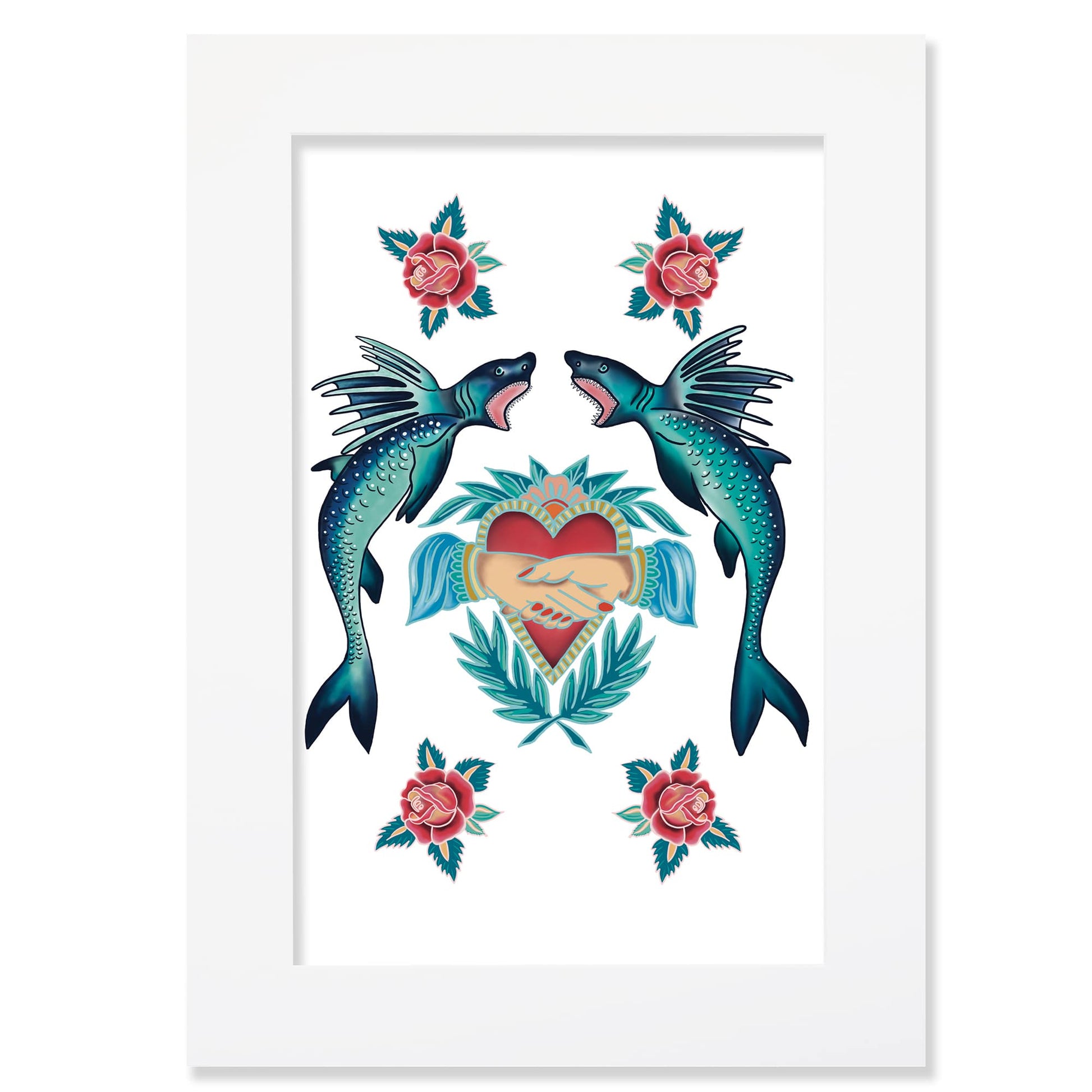 A framed A2 artwork featuring a symmetrical tattoo-style design with two blue-green flying fish, a central heart with clasped hands, and surrounding red roses and leaves, all set against a white background. The illustration blends nautical and vintage tattoo aesthetics.