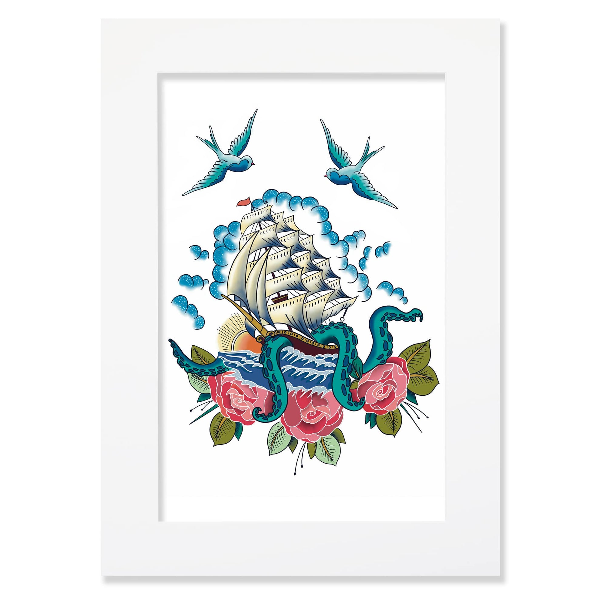 A framed nautical-themed artwork featuring a traditional tattoo-style illustration of a sailing ship entangled with teal tentacles of a kraken. The ship is surrounded by crashing waves, fluffy blue clouds, pink roses with green leaves at the bottom, and two blue swallows flying above. The image is presented in a crisp white mount and frame on a white background.