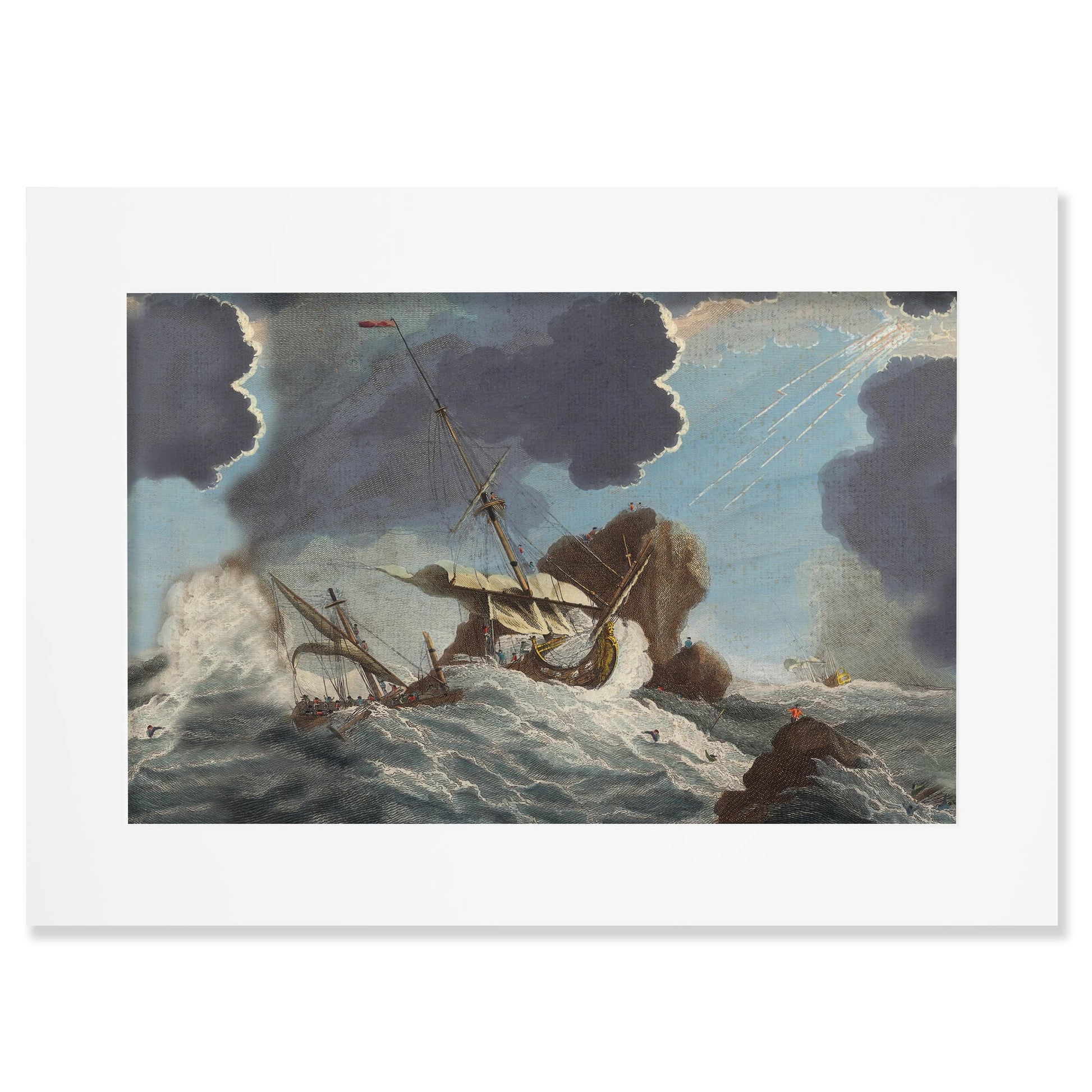 An A2 mounted vintage maritime painting depicting a dramatic shipwreck scene. A sailing ship is caught in a stormy sea, crashing against jagged rocks as dark clouds loom overhead. The turbulent waves and the distressed vessel create a sense of chaos and urgency. Sun rays break through the stormy sky, adding contrast to the intense seascape. The artwork is presented in a white frame, enhancing its classic and historical appeal.