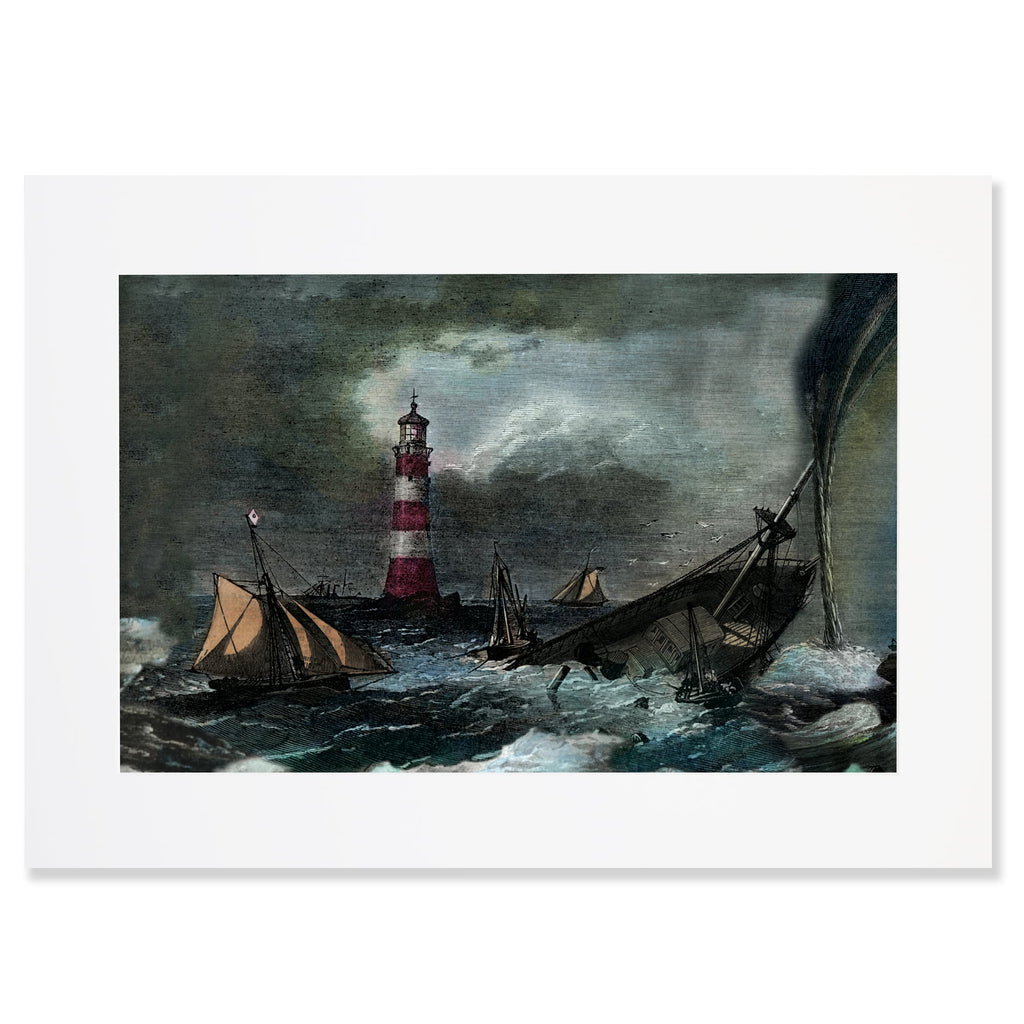 A A2 mounted print depicting a dramatic shipwreck scene with stormy seas and a red-and-white striped lighthouse. Several ships are caught in the tumultuous waves, with one ship sinking and another in peril. The chaotic scene is illuminated by flashes of lightning, and the dark clouds intensify the sense of danger.