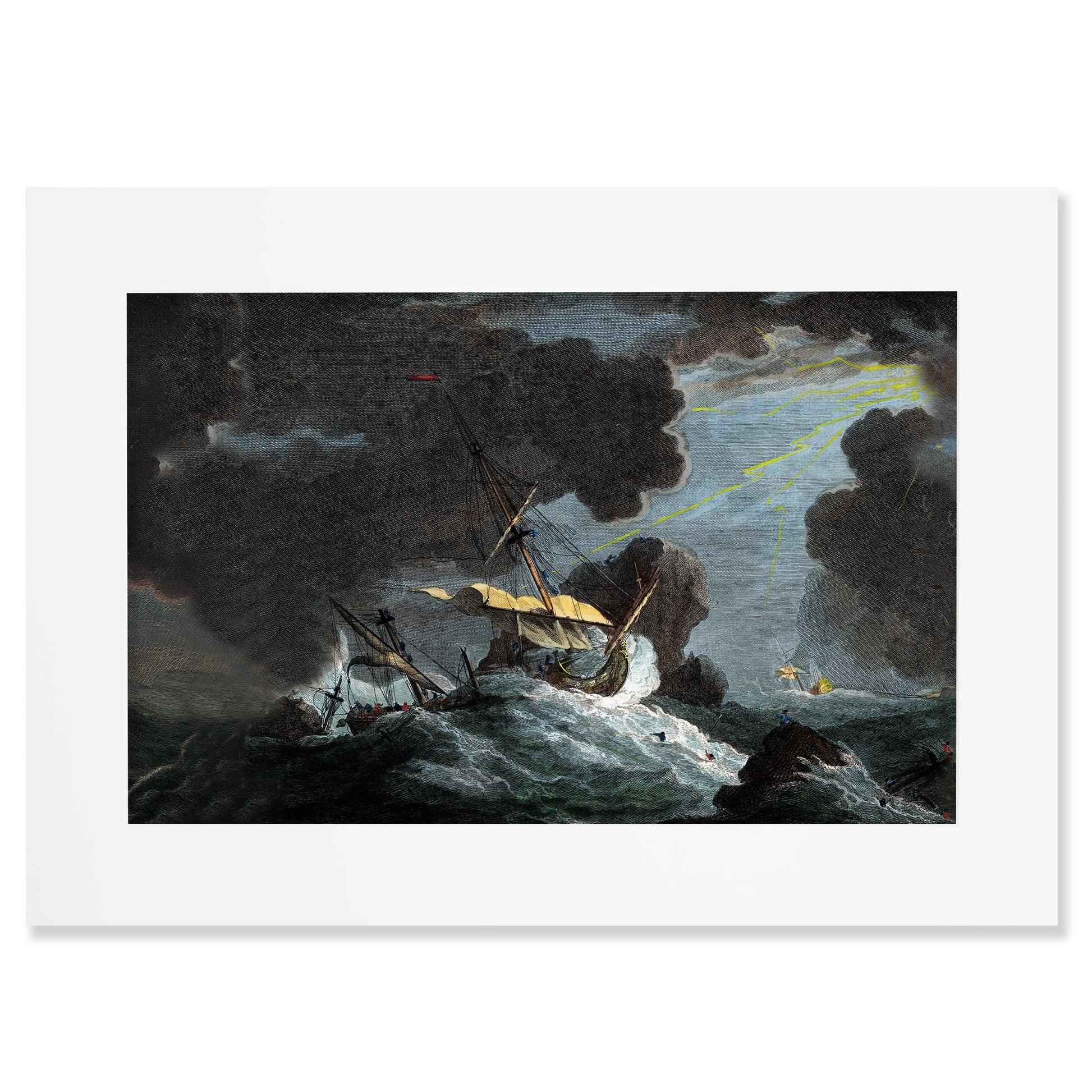 A2 mounted print of a dramatic shipwreck scene at night, with stormy seas, dark clouds, and a beam of light breaking through.
