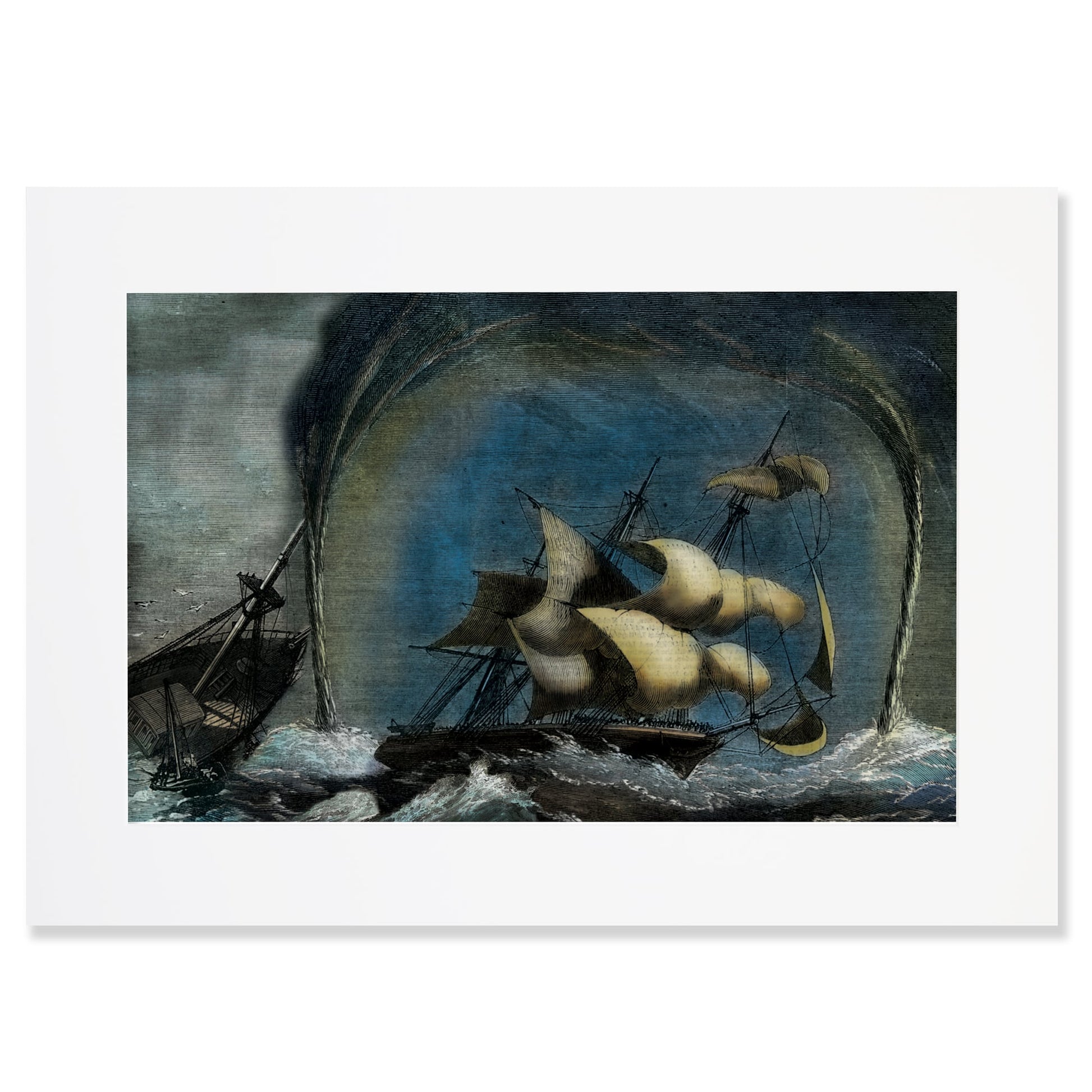 An A2 mounted illustrated dramatic maritime scene depicting a sailing ship caught in a fierce storm, with powerful waterspouts twisting down from dark, swirling clouds. The ship's sails billow as it struggles against the raging sea, while another vessel appears wrecked in the foreground, partially submerged. The illustration captures the raw power of nature and the peril faced by sailors in tumultuous waters.