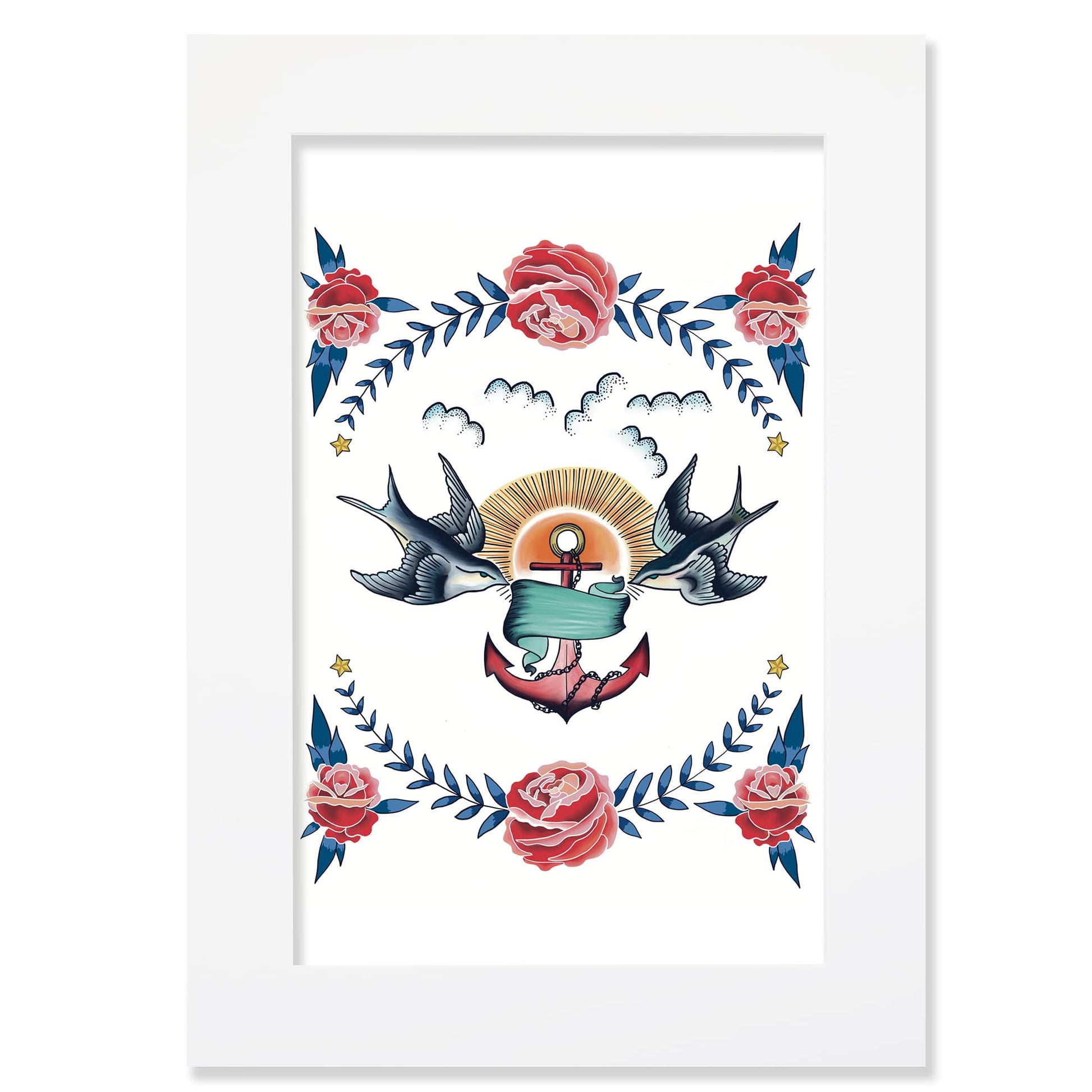 An A2 mounted tattoo-style print featuring two swallows flying around an anchor wrapped in a ribbon, with a radiant sun, clouds, and decorative red roses and blue foliage. The design is enclosed in a simple white mount.
