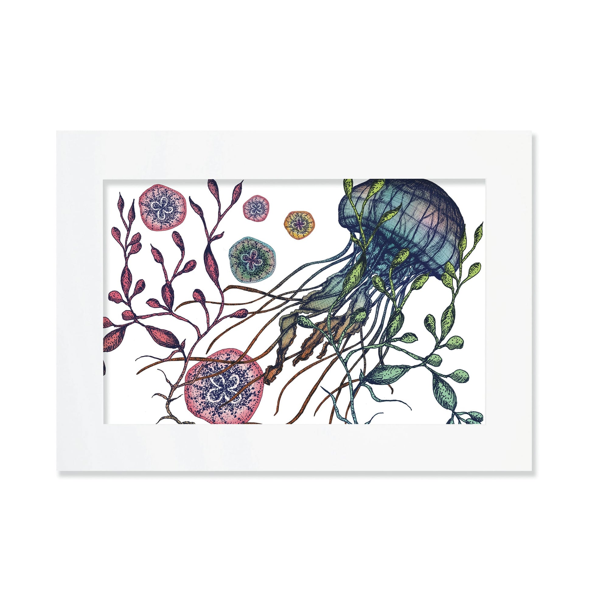 An A3 mounted illustration of a jellyfish surrounded by seaweed and colorful marine elements, set in a white mount. The artwork features intricate detailing in shades of blue, green, red, and yellow.