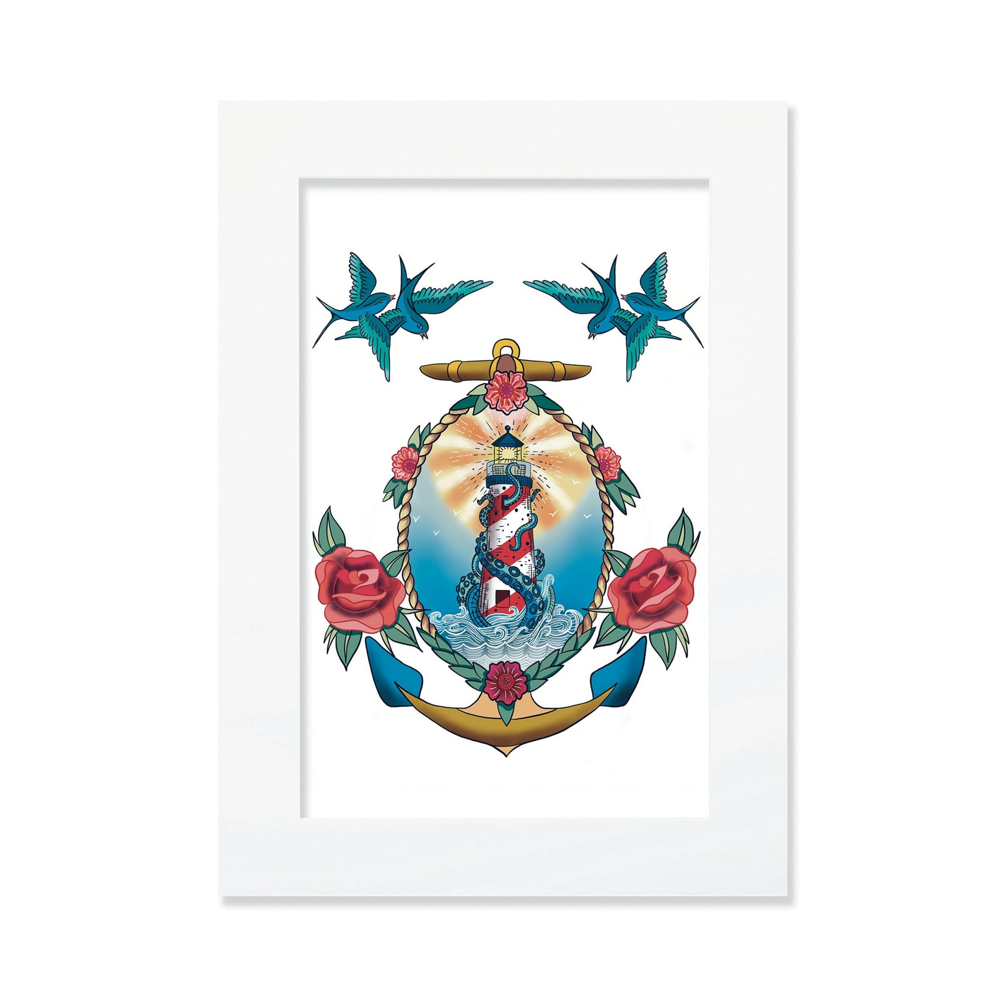 An A3 mounted nautical tattoo-style illustration features a lighthouse wrapped in a kraken’s tentacles, encased within a decorative anchor adorned with roses. Two swallows fly above, completing the maritime theme.