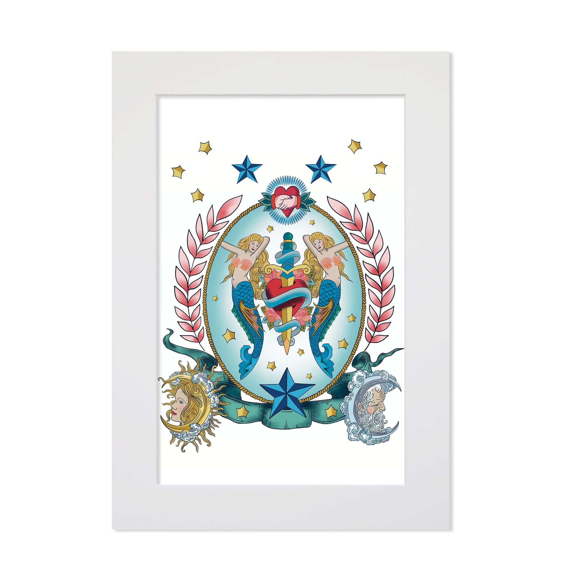 An A3 mounted illustration of two mirrored mermaids holding a heart-wrapped dagger, surrounded by nautical and celestial motifs. The artwork is adorned with golden stars, a radiant sun and moon, laurel leaves, and an anchor at the base. The mermaids have flowing golden hair and are set against a blue gradient background, evoking a vintage tattoo-inspired aesthetic. The frame is white with a clean, modern mount.