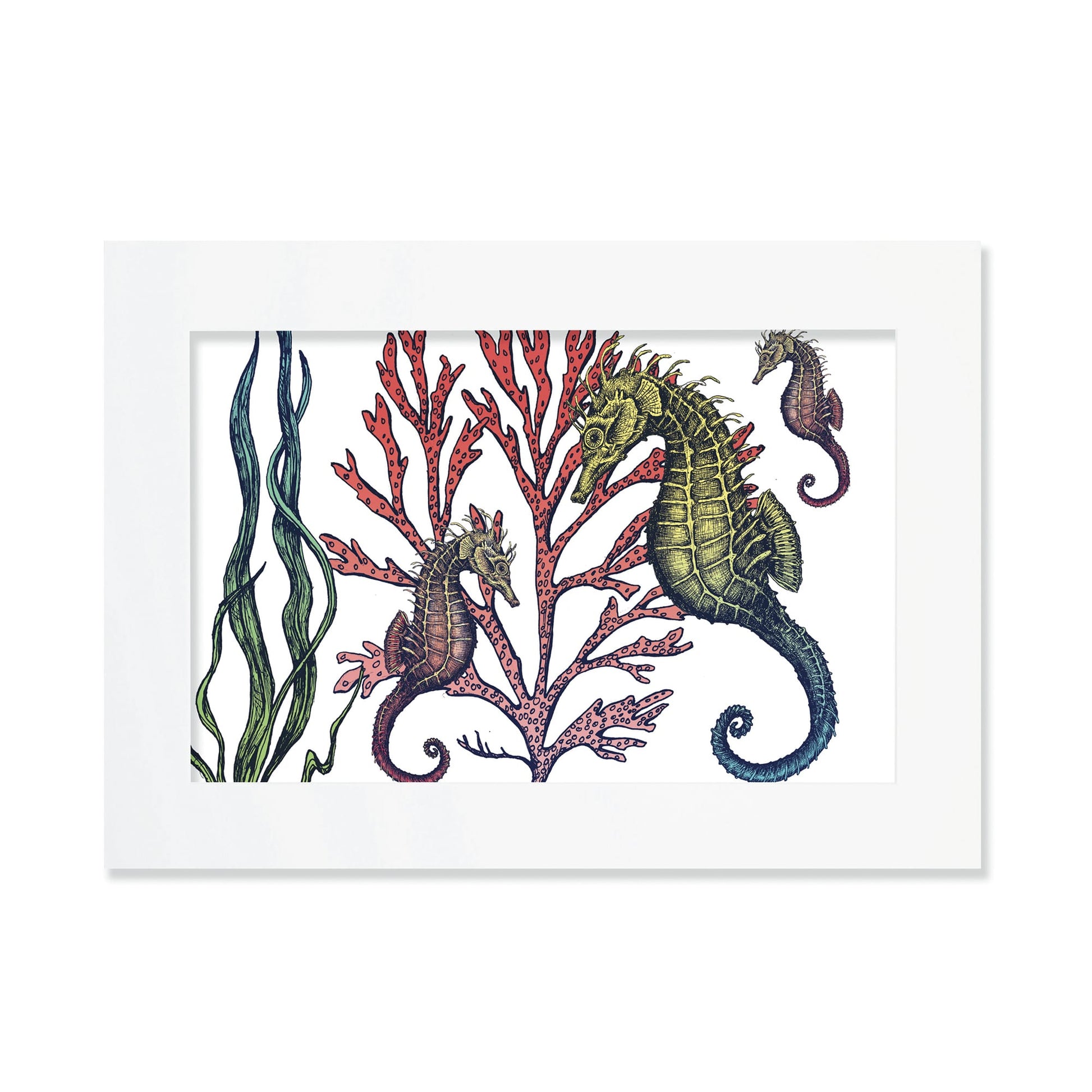 An A3 mounted illustration of three intricately detailed seahorses swimming among red coral and green seaweed, set against a white background in a white frame.